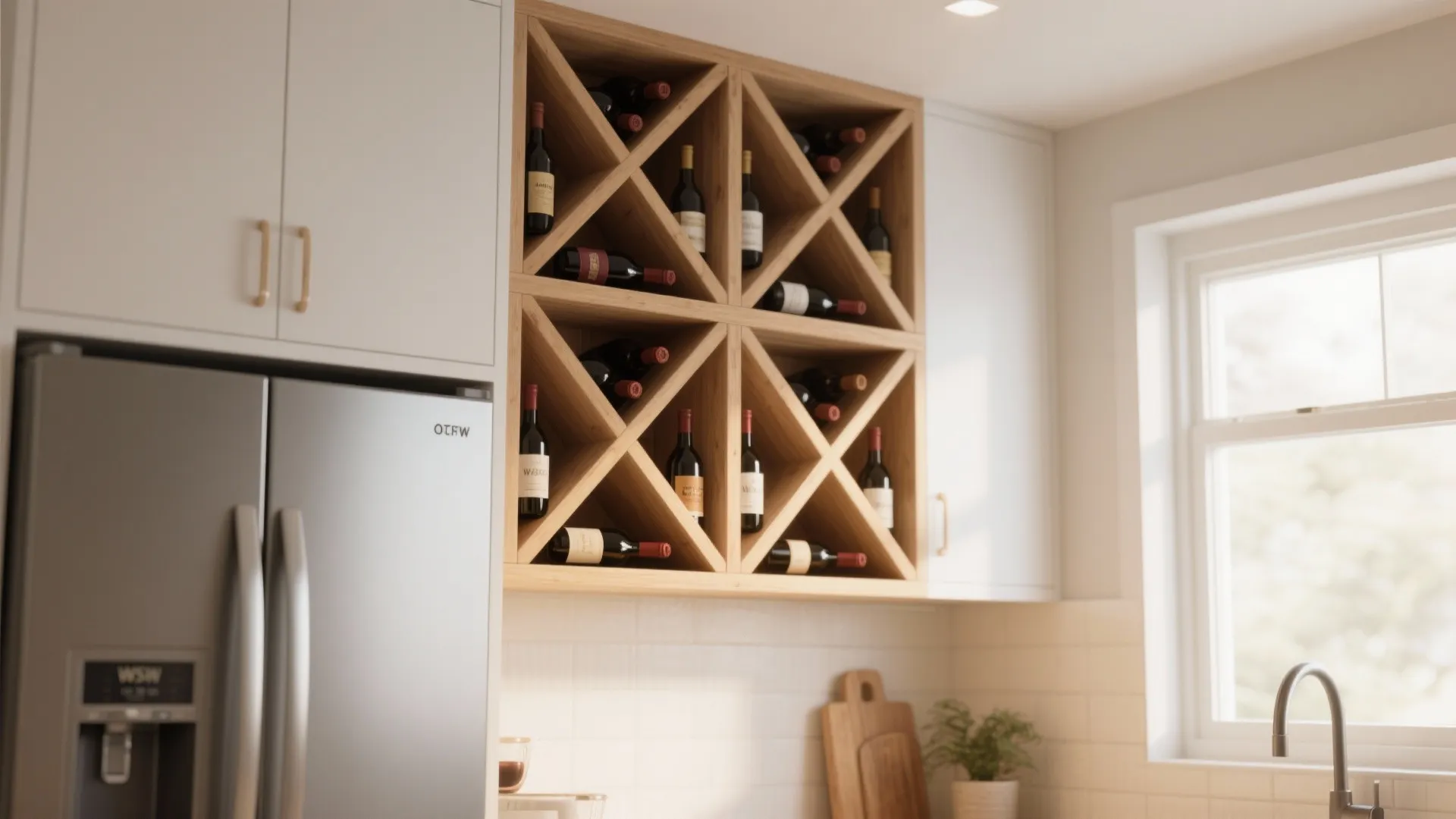 Above-fridge cubbies holding wine bottles in a small modern kitchen