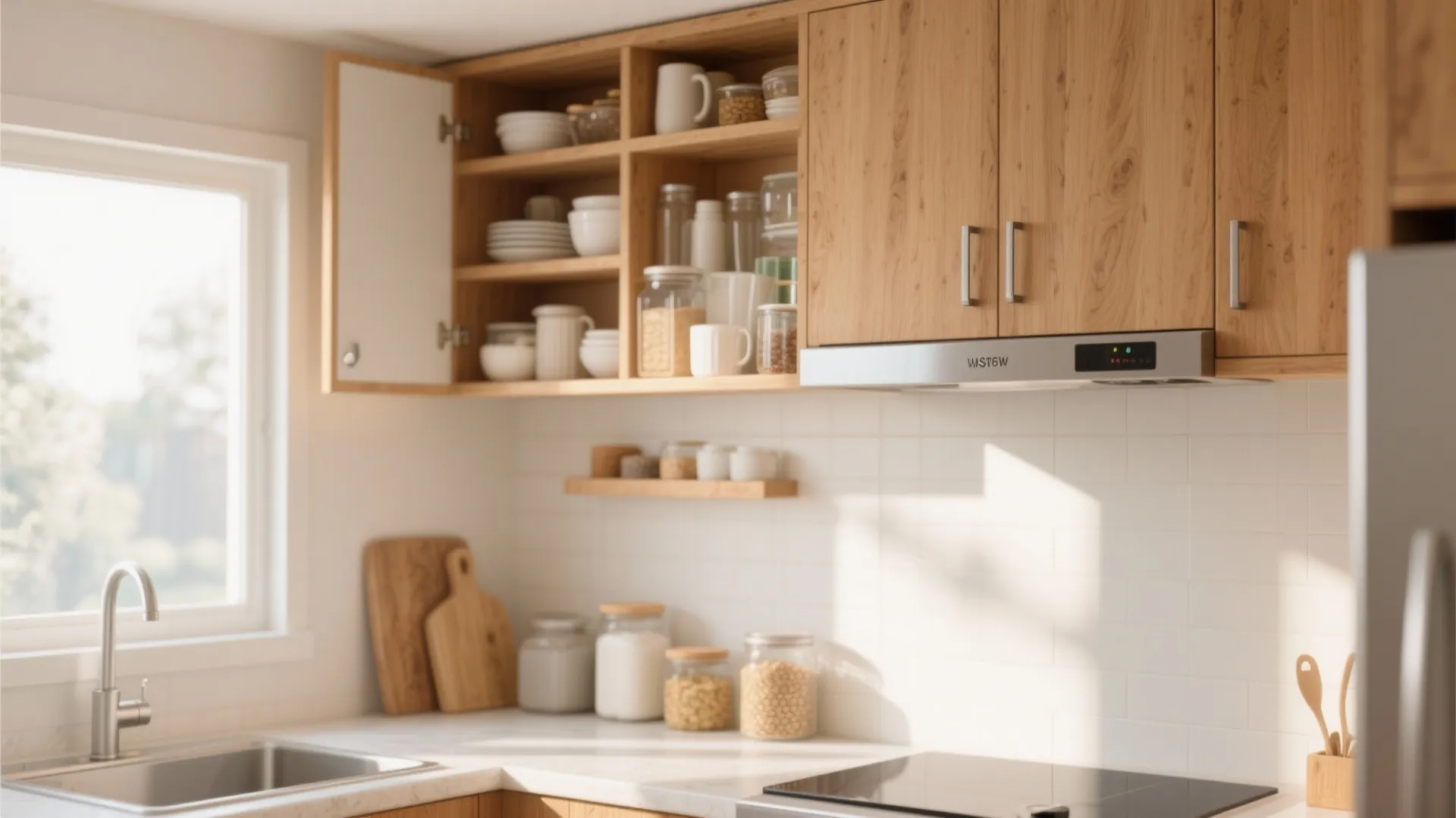 Modern kitchen with wood wall cabinet storage above white tiles and stainless steel stove hood