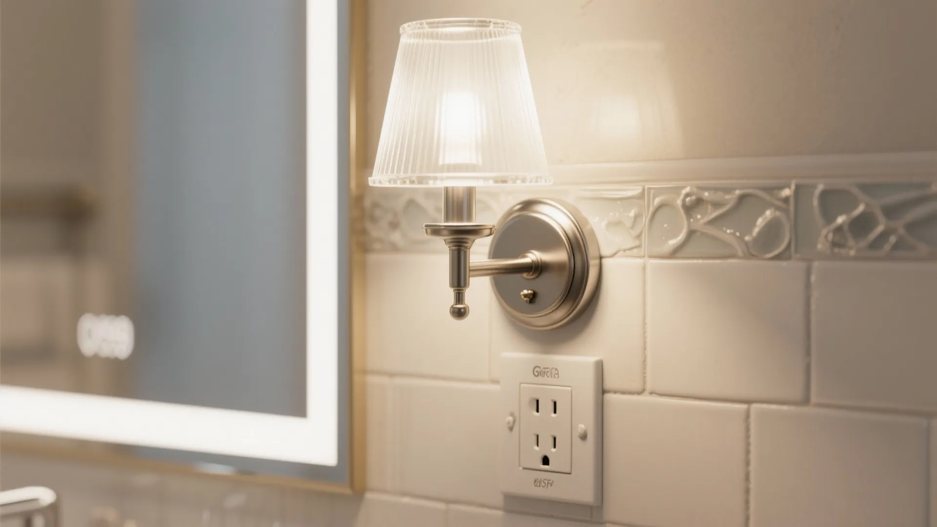 Close up of a wall light and power outlet installed on white tiles near mirror
