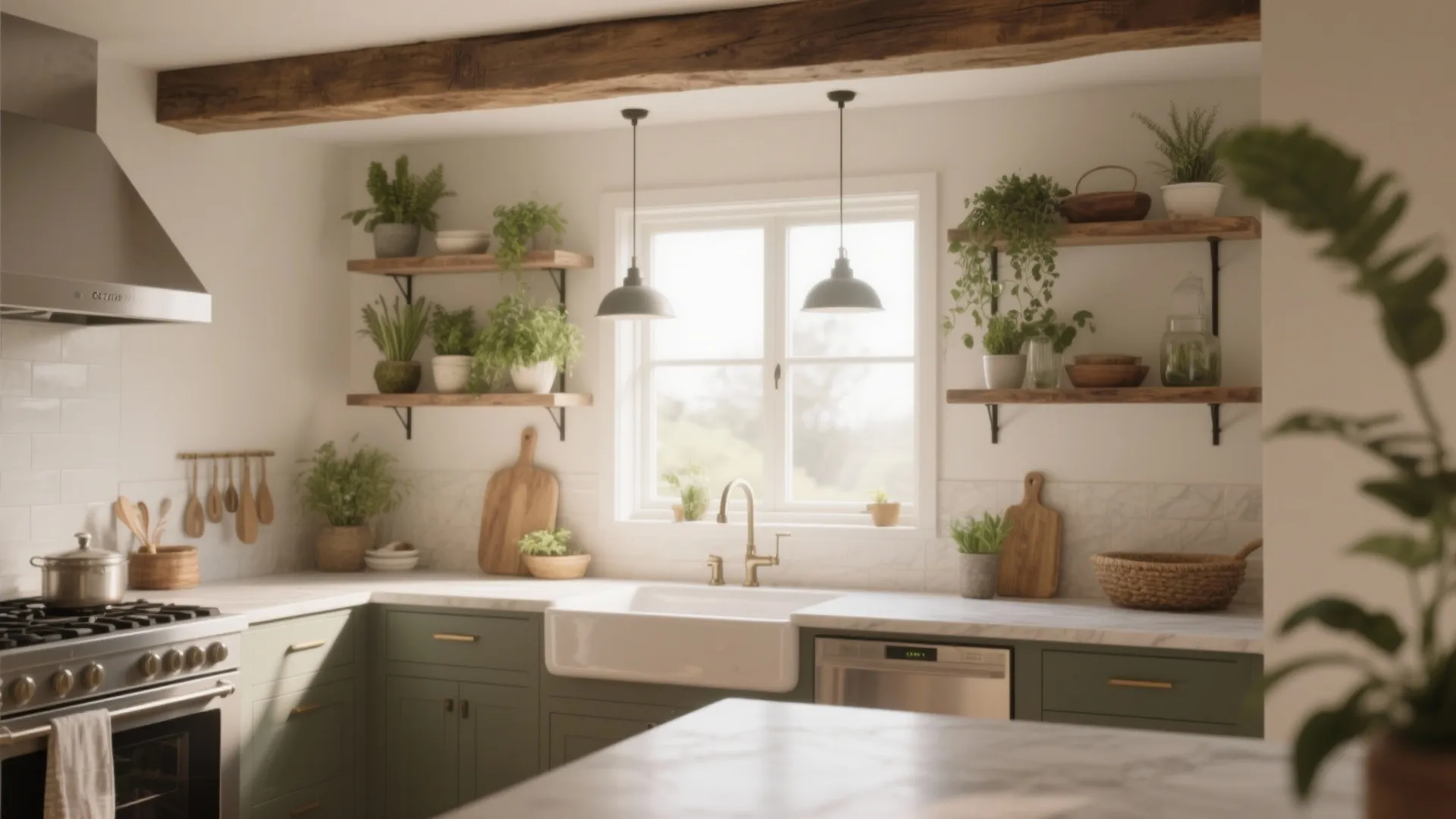 Rustic kitchen with green cabinets white sink wooden shelves many green plants and ceiling lights