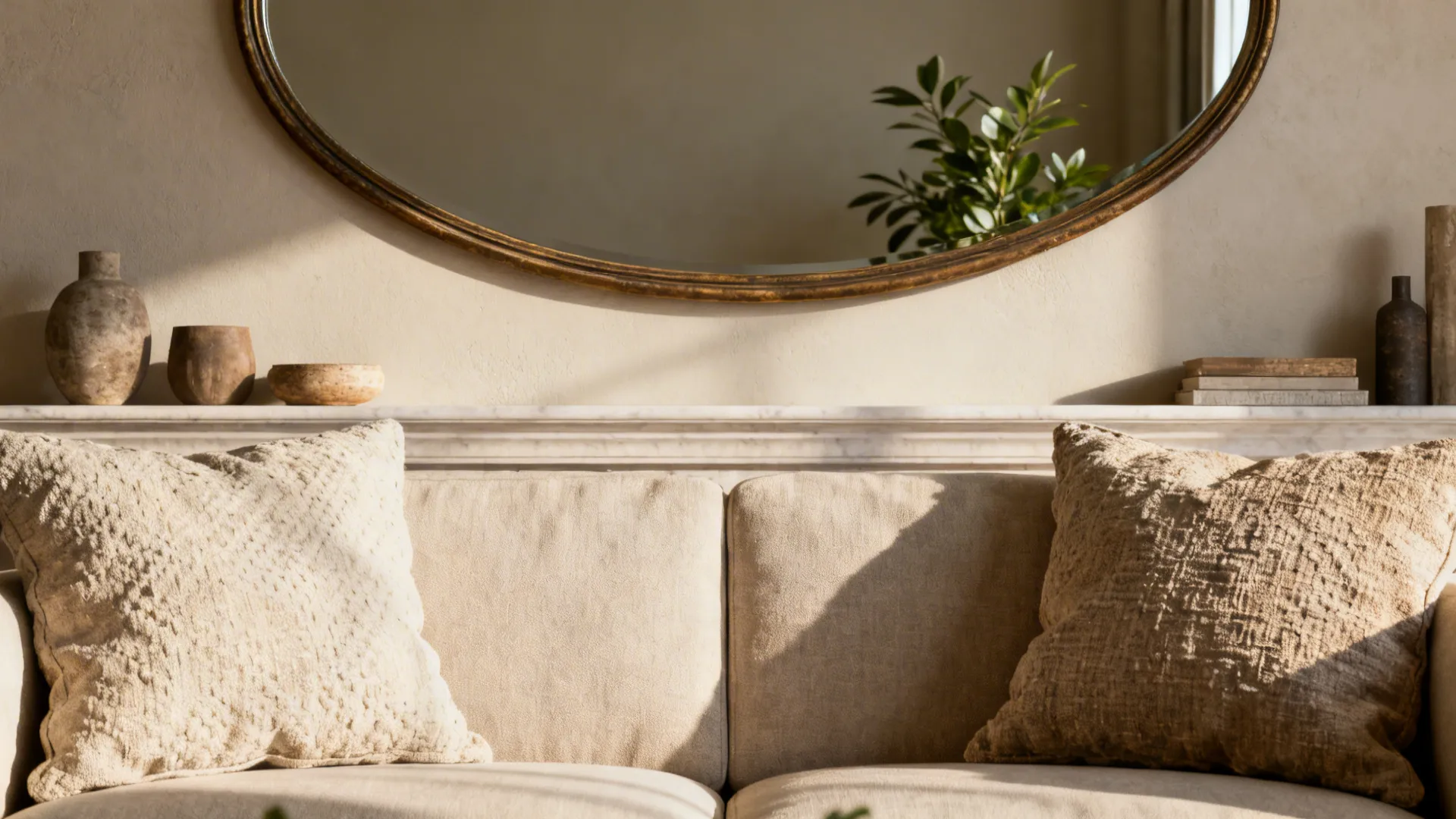 Close up view of beige sofa with pillows and large oval mirror on the wall