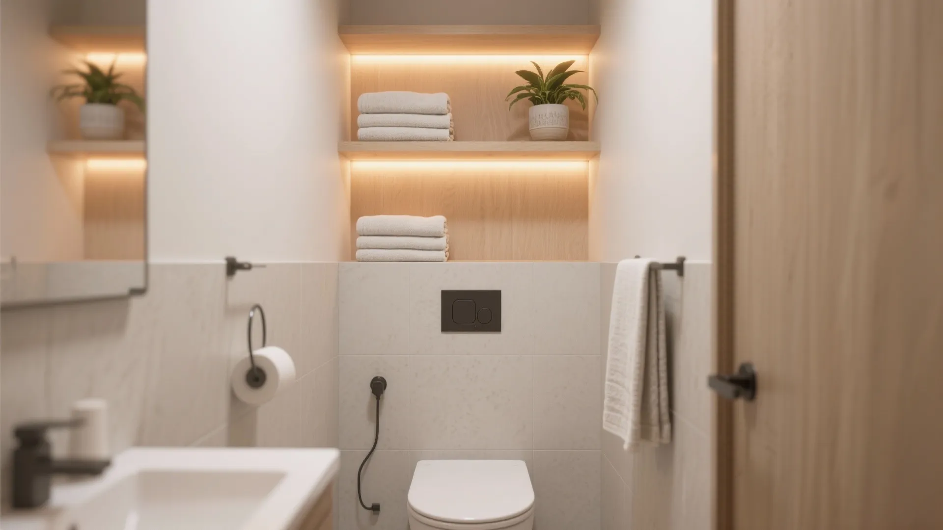 Small white bathroom featuring wooden wall shelves with lights holding folded towels and a green plant