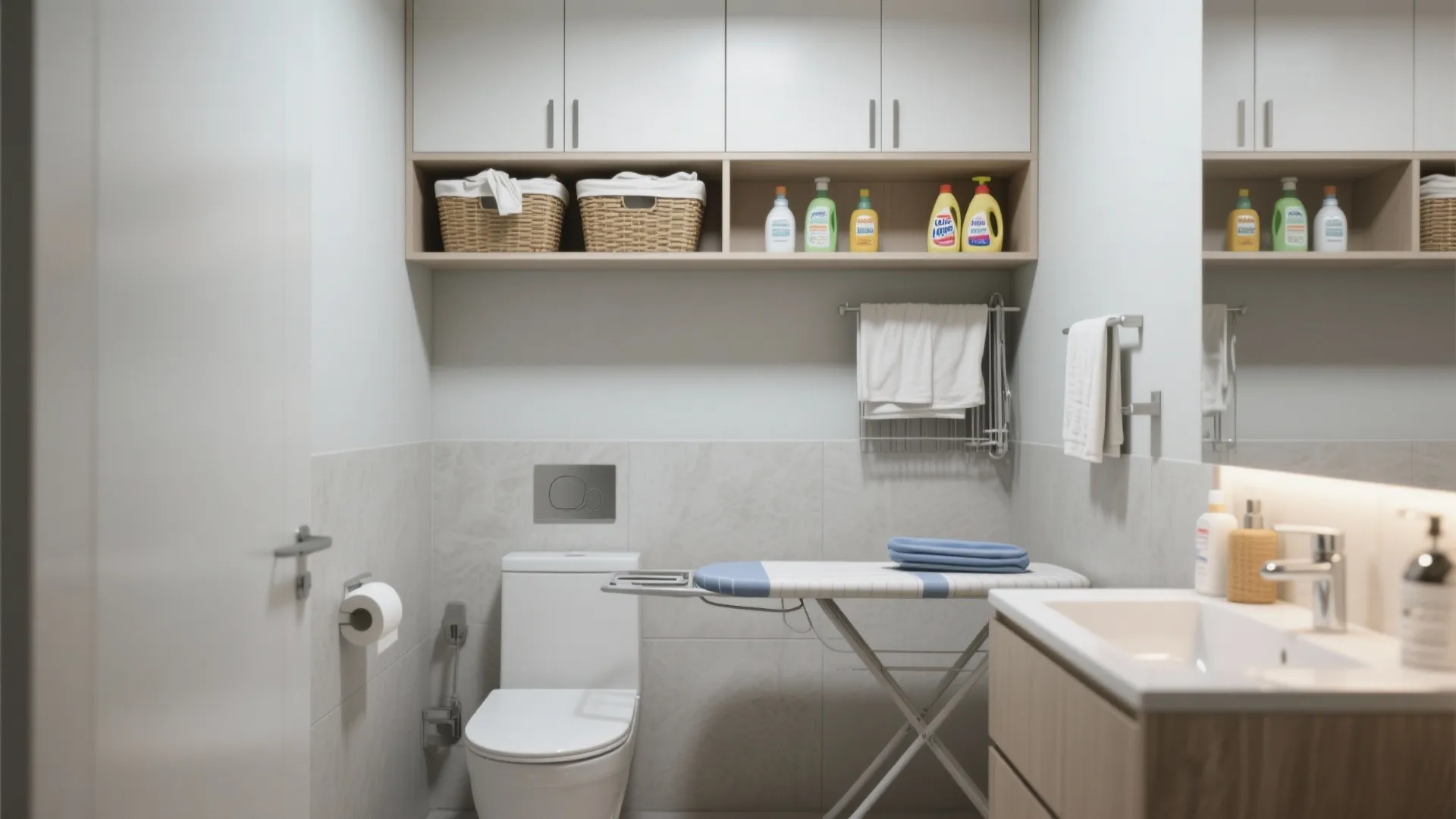 Bathroom laundry area with white wall cabinets above a toilet and a foldable ironing board