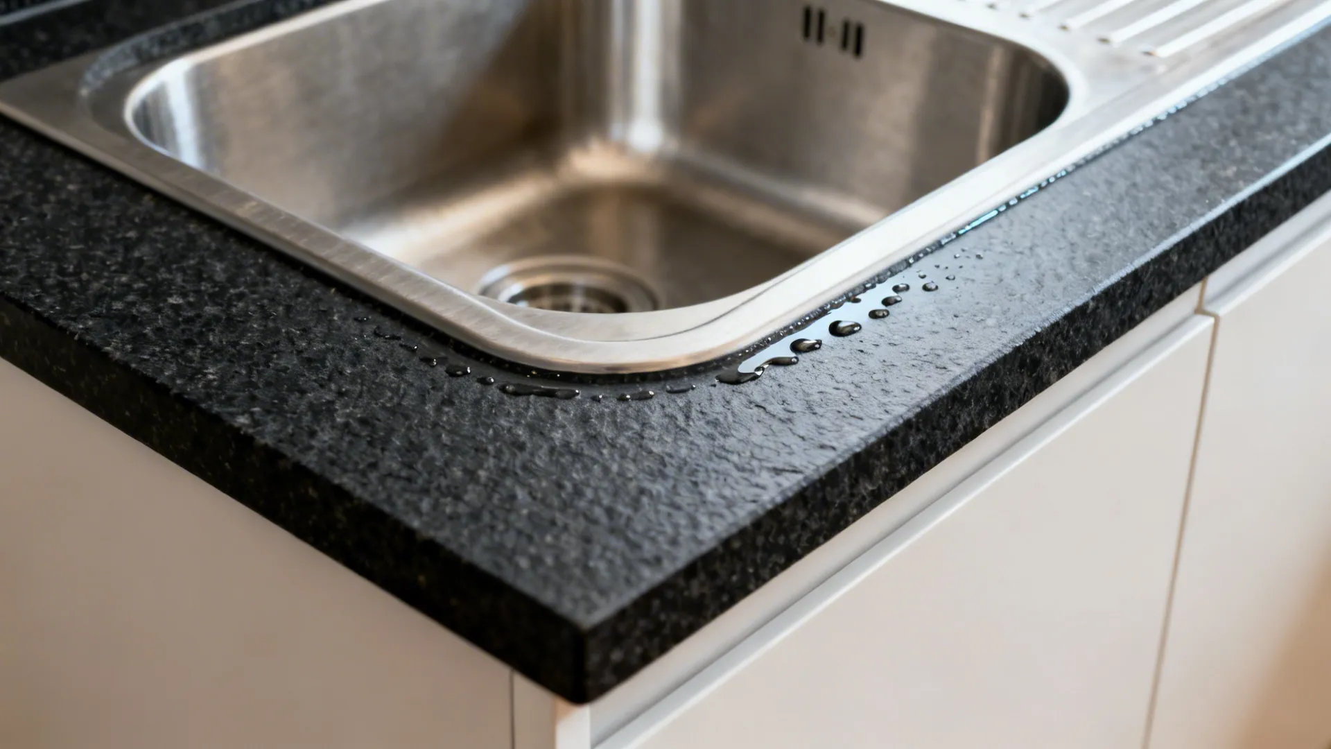 Macro of leathered Absolute Black granite with a drip groove and sloped drainboard by the sink.