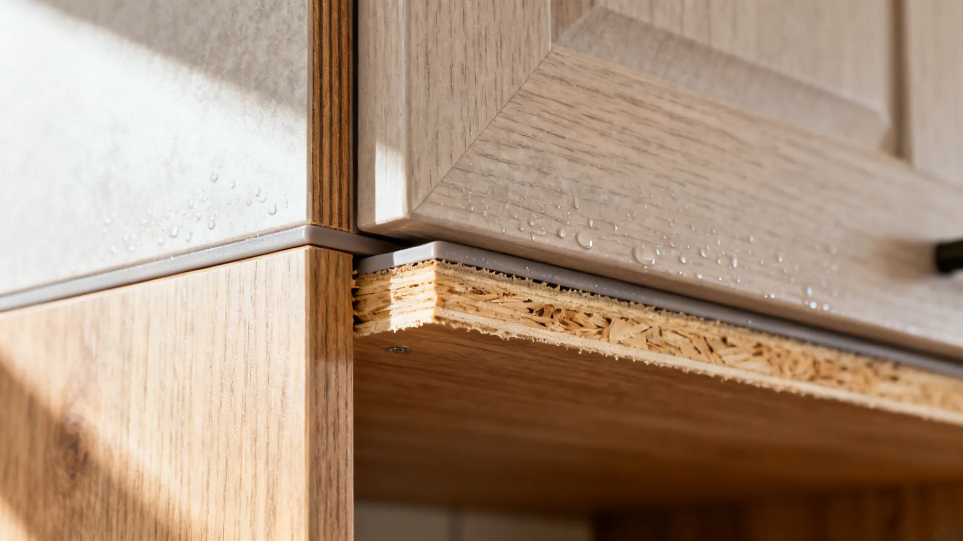 Close up wood kitchen cabinet edge showing inner board material with water droplets on surface