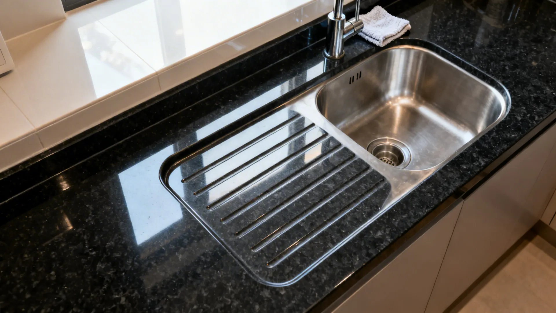 Top-down view of Absolute Black granite with a built-in drip groove beside the sink.
