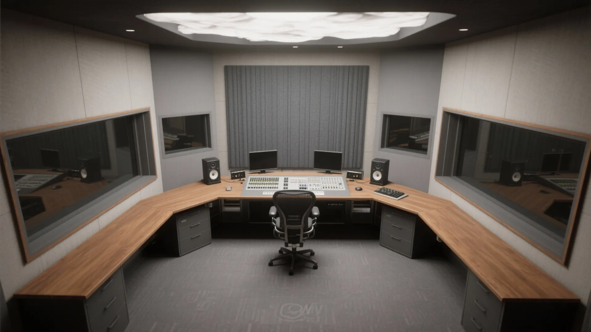 Top-down studio plan showing absorber panels at first reflection points with a ceiling cloud above the mix spot.