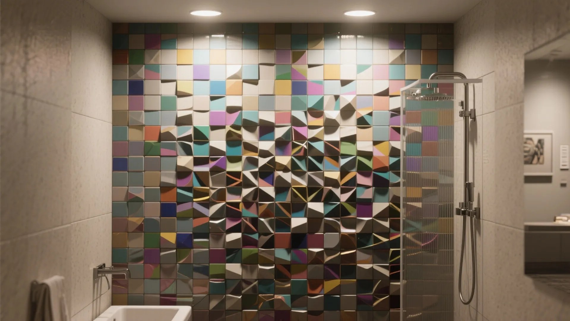 Colorful square mosaic wall tiles in shower area with metal shower head and ceiling lights