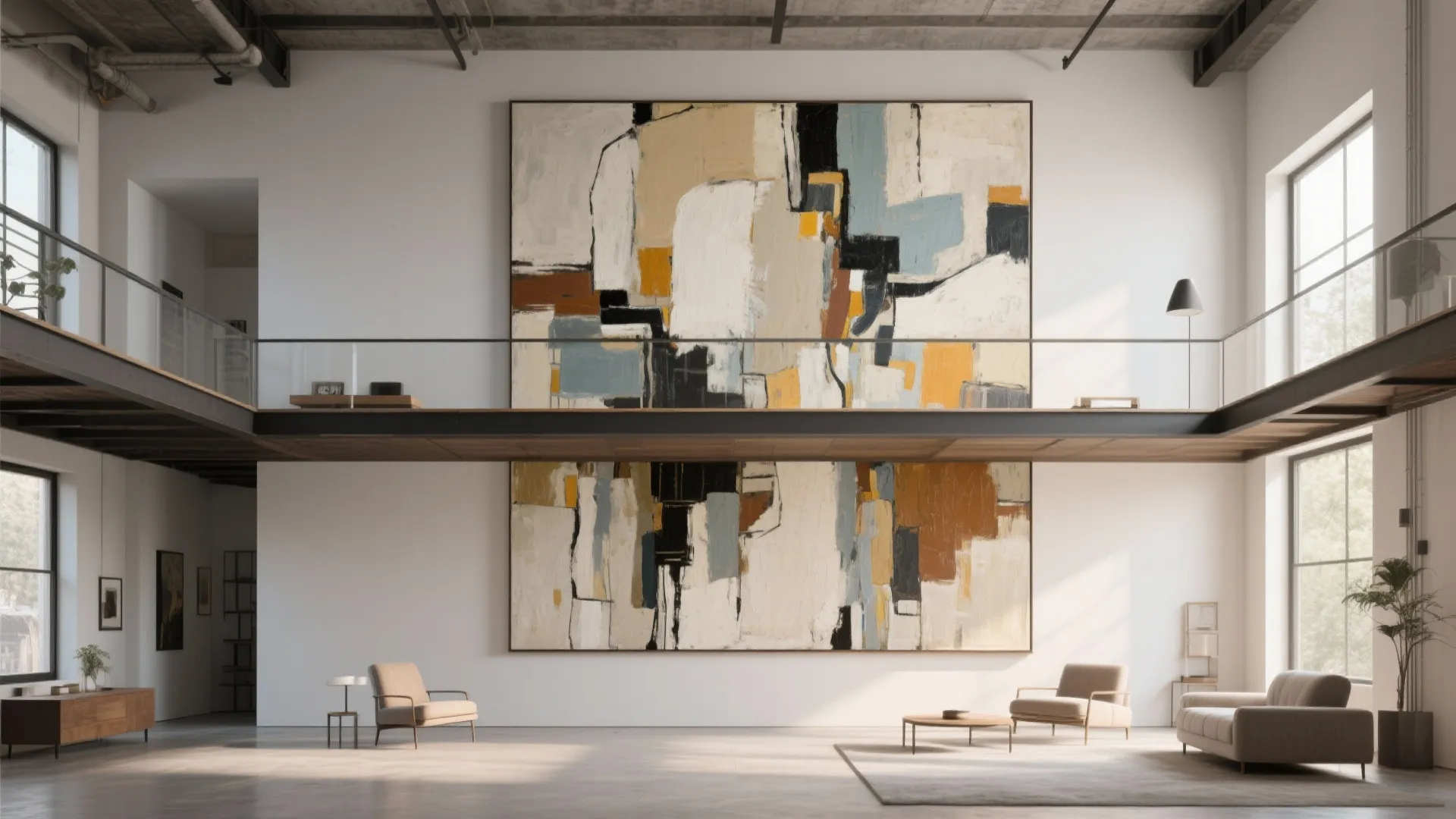 Modern high ceiling living room featuring a very large abstract painting and stylish lounge furniture