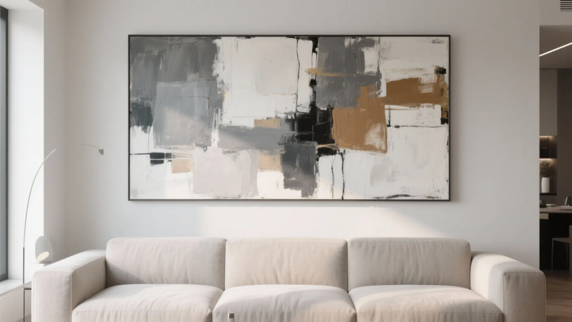 Abstract artwork in grey and tan above sofa