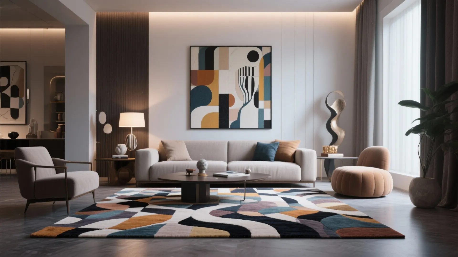 Modern living room featuring colorful abstract rug beige sofa large wall art and round wooden table