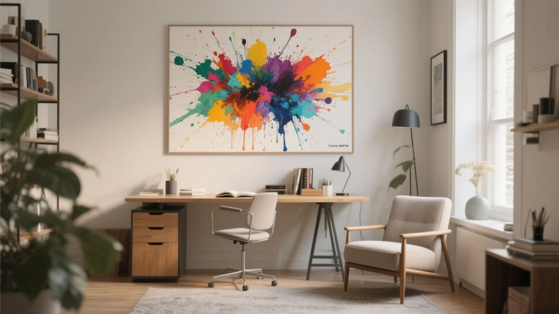 Bright home office with colorful abstract wall art wooden desk office chair and armchair seat