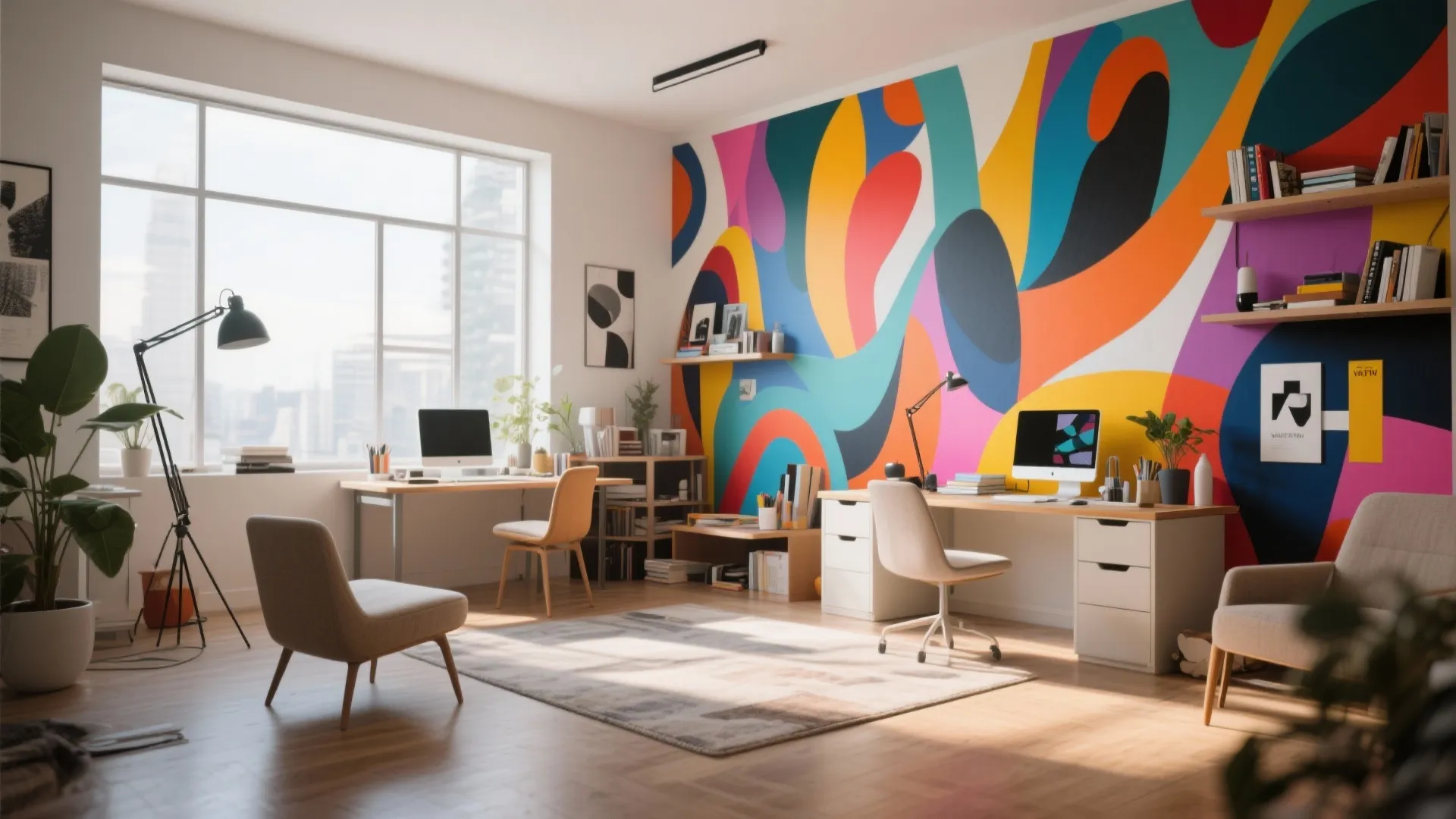 Bright home office with colorful abstract wall mural, two desks, computers, and wooden floor boards