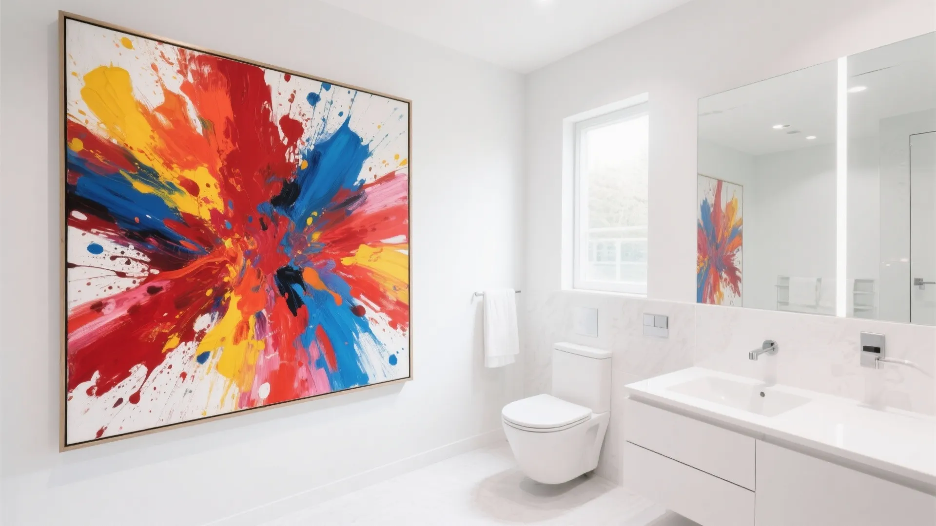 Clean white bathroom featuring a large colorful abstract painting next to a modern toilet sink