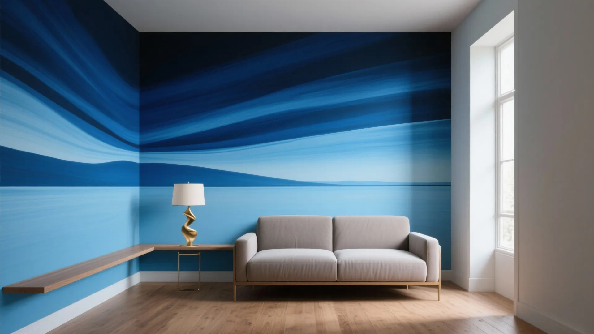 Modern living room with light grey sofa, wooden floor, and large abstract blue wall mural