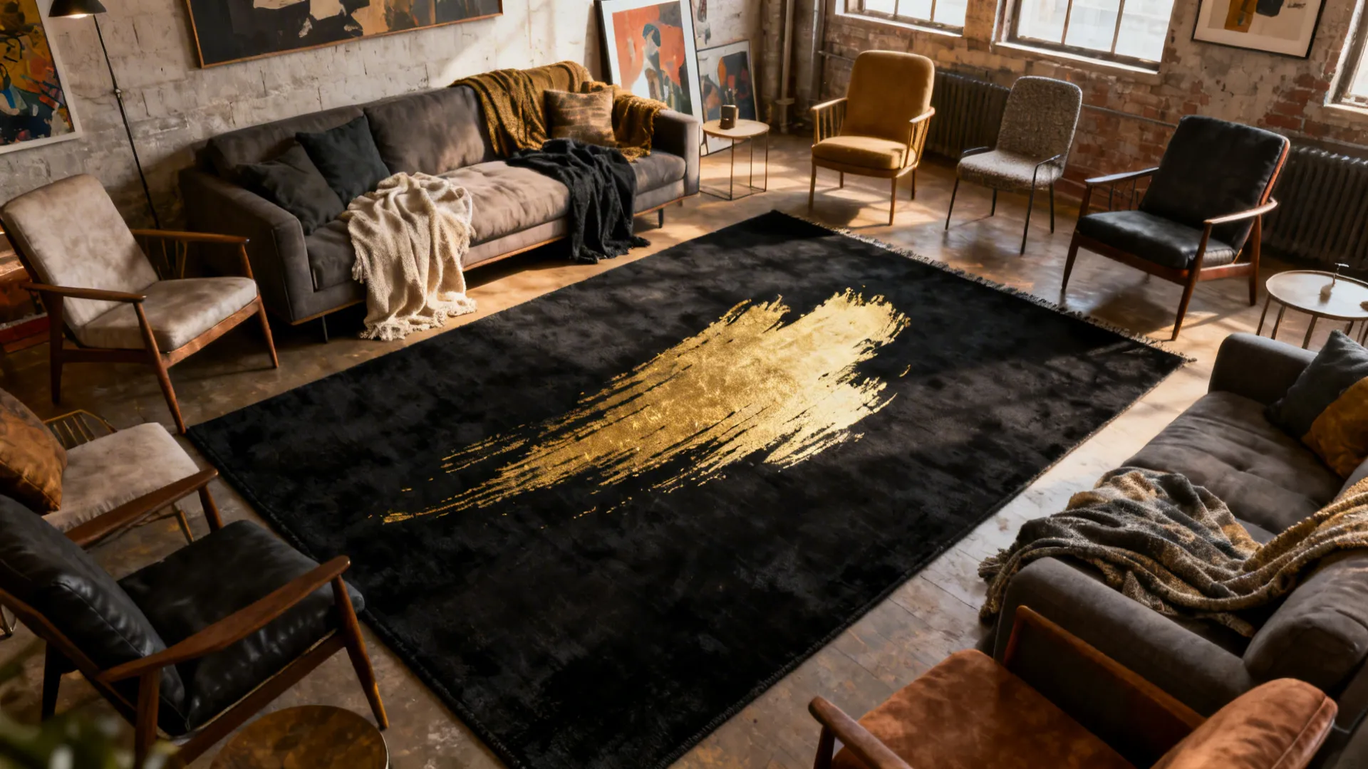 Loft living space with an abstract black rug decorated with gold brushstrokes anchoring eclectic seating.