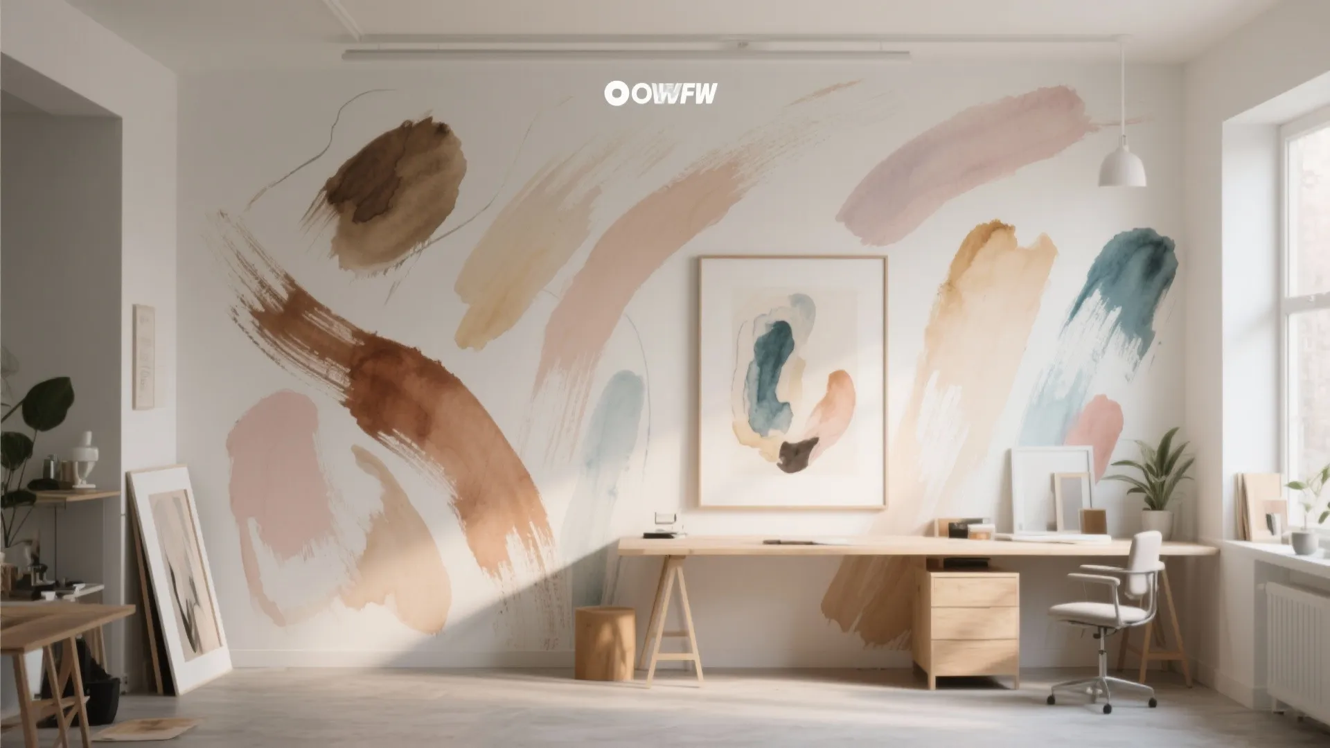 Bright home office with colorful abstract brush stroke wall art, wooden desk, and white chair