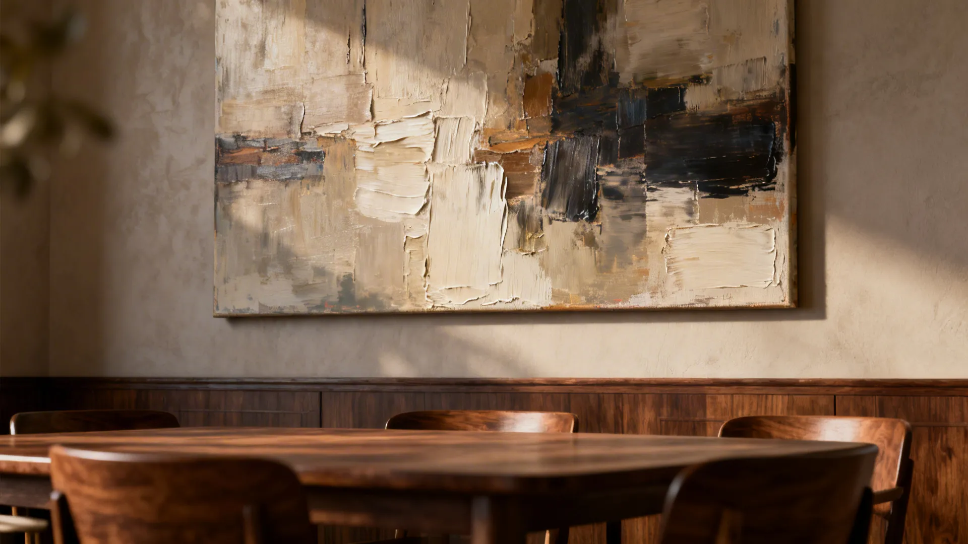 Close-up of abstract canvas texture and brushwork above a dining table with warm lighting