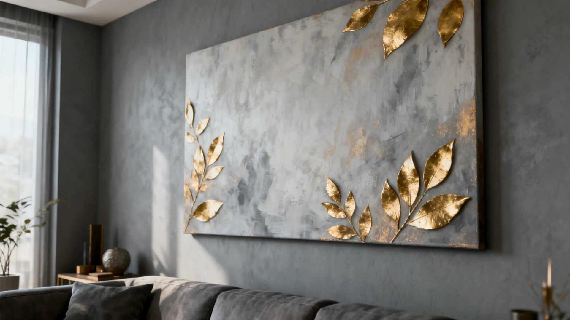 Large grey wall painting with gold leaf patterns hanging on a wall above grey sofa