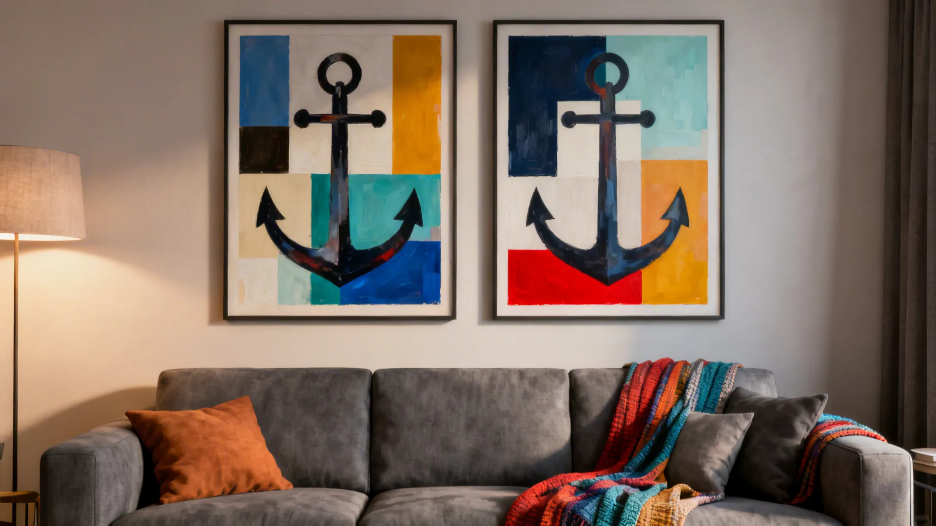 Living room with bold geometric abstract color-blocks coordinated with furniture textiles.