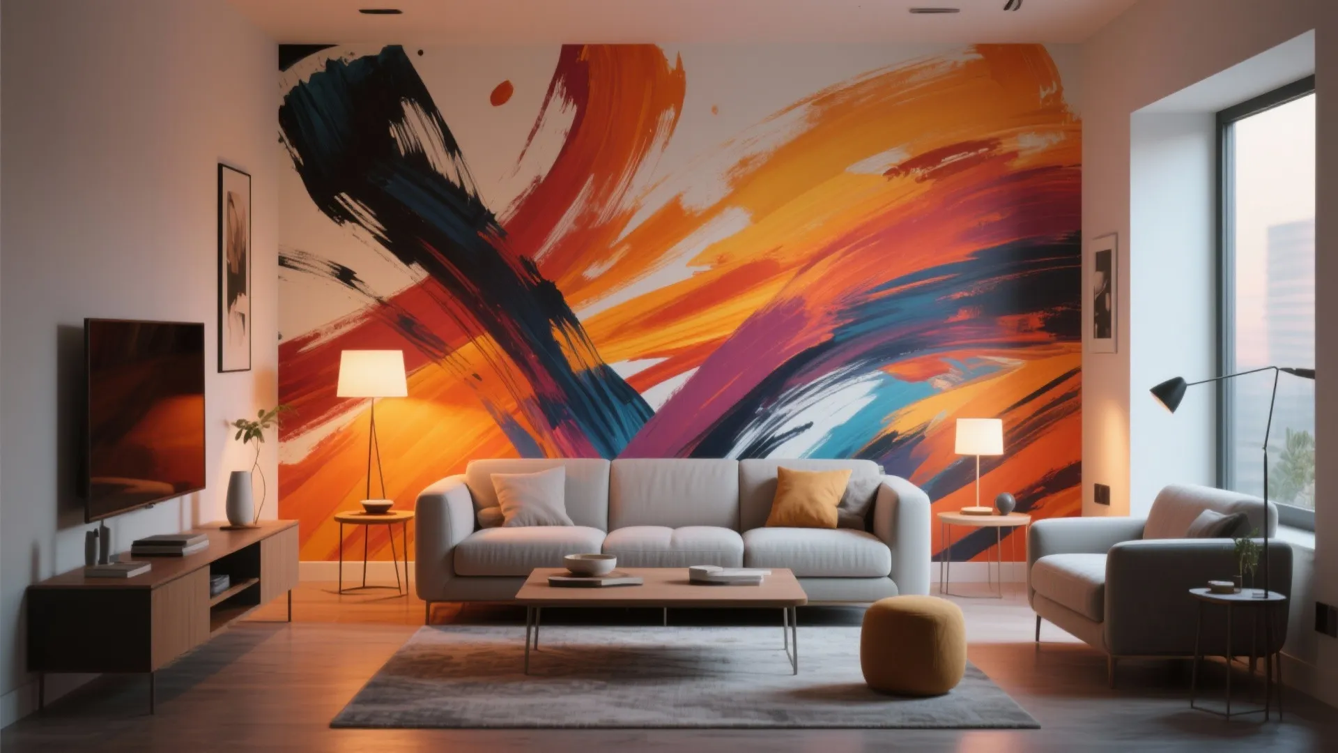 Living room featuring light sofa with large abstract colorful paint stroke mural and wooden table
