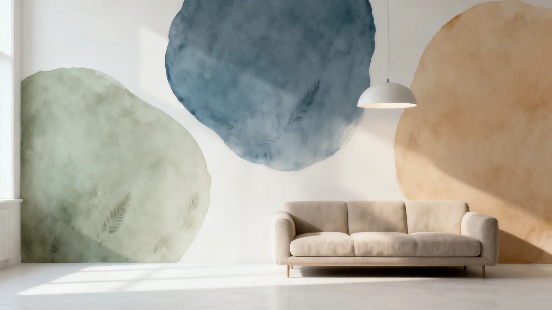 Living room with a beige sofa and large colorful circle wall art and a white light