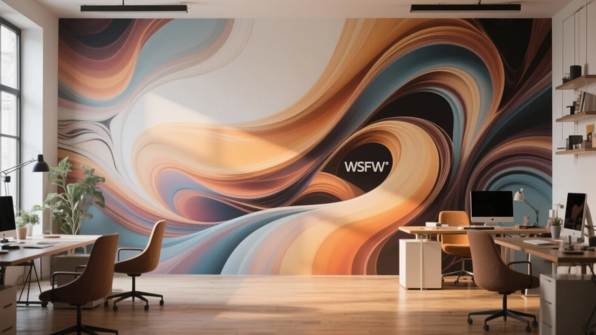 Abstract swirl mural in a modern creative workspace