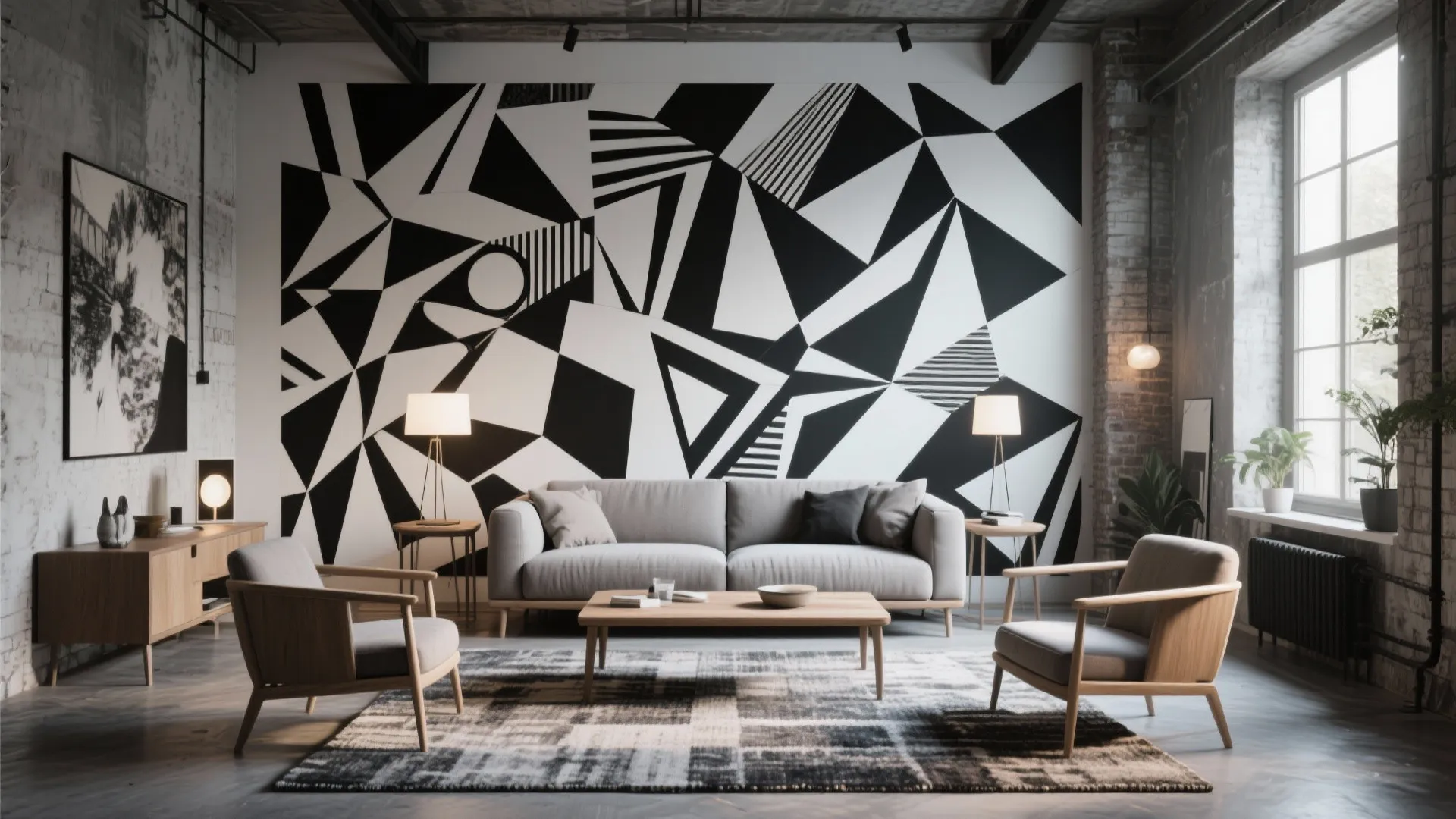 Industrial style living room with black and white geometric wall mural and grey seating furniture