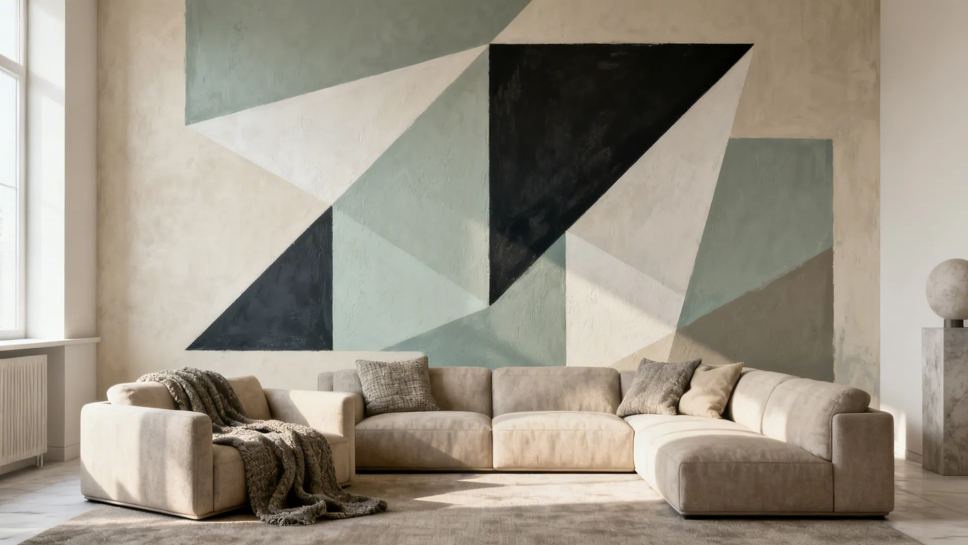 Neutral living room with a bold abstract geometric mural energizing the space.