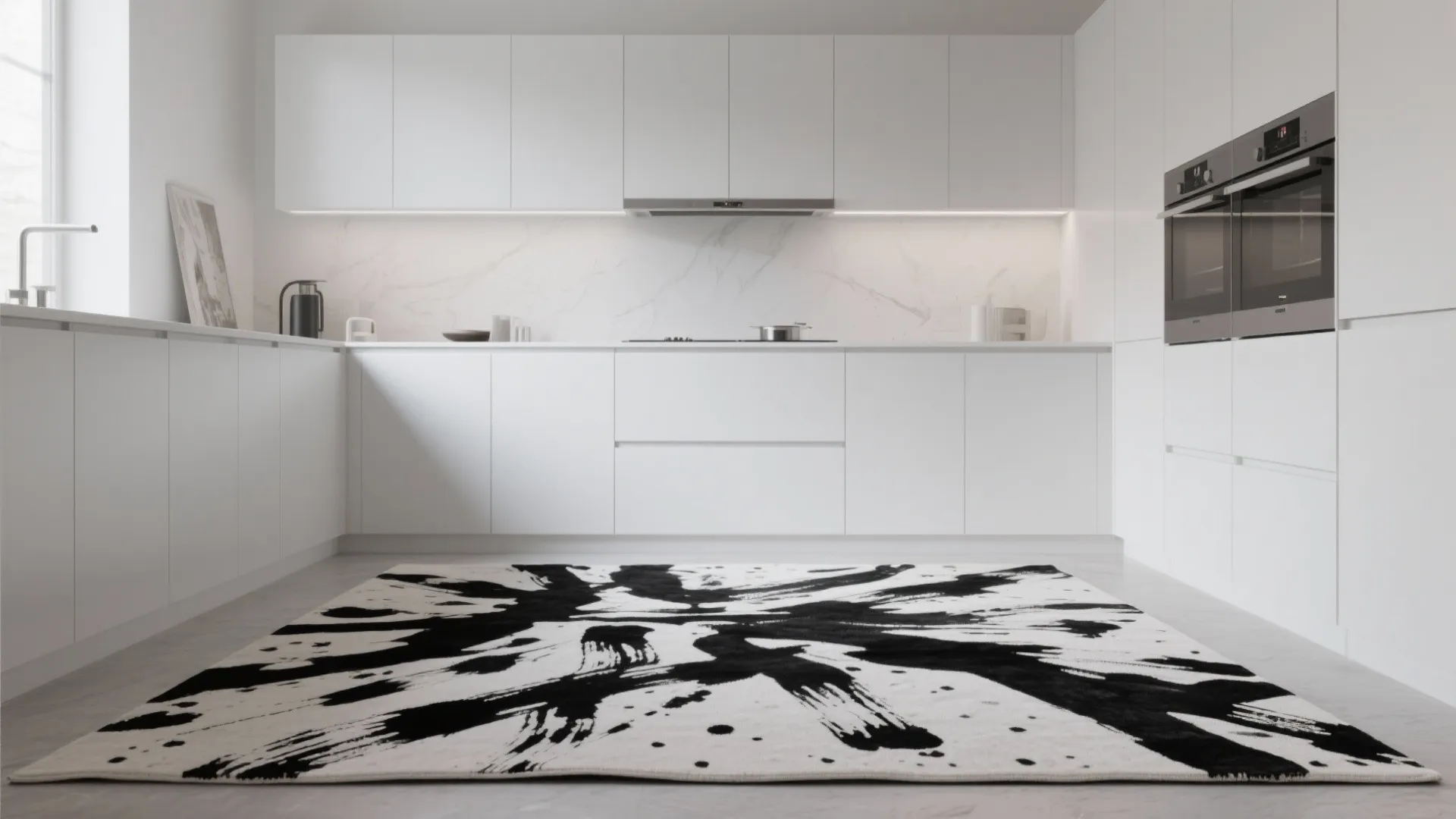 Modern white kitchen with cabinets and black and white abstract splash pattern rug on floor