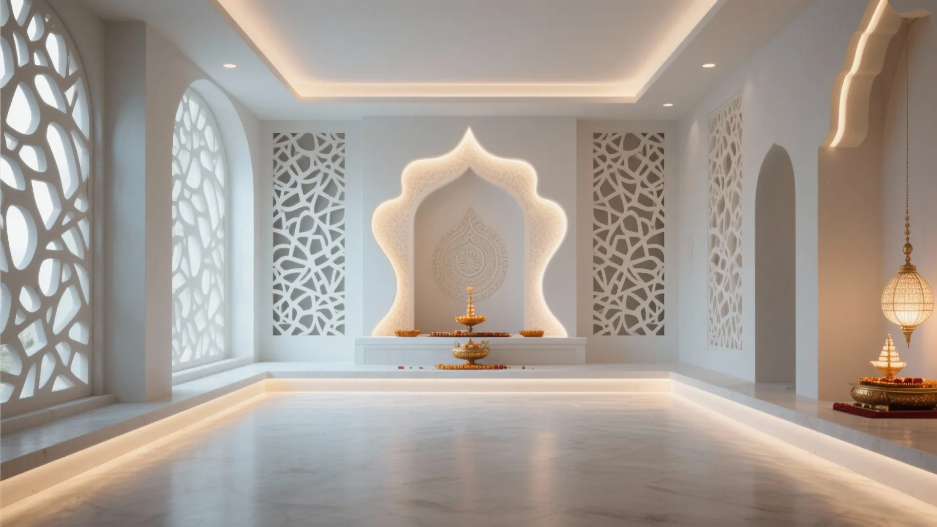 Modern white prayer room with arched wall niche backlit lighting marble floor and decorative wall panels