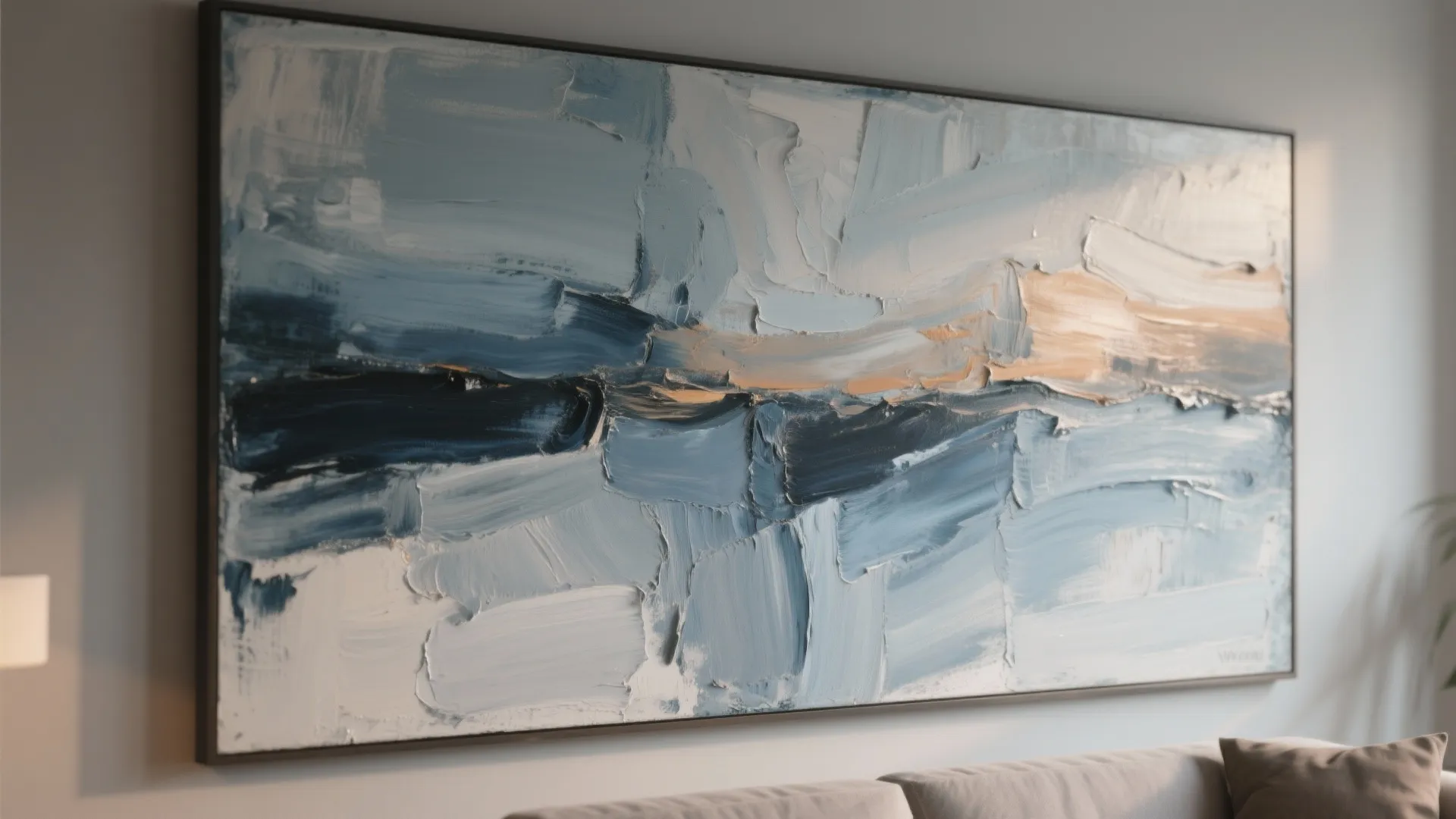 Macro detail of an oversized blue and warm-gray abstract painting showing brush textures