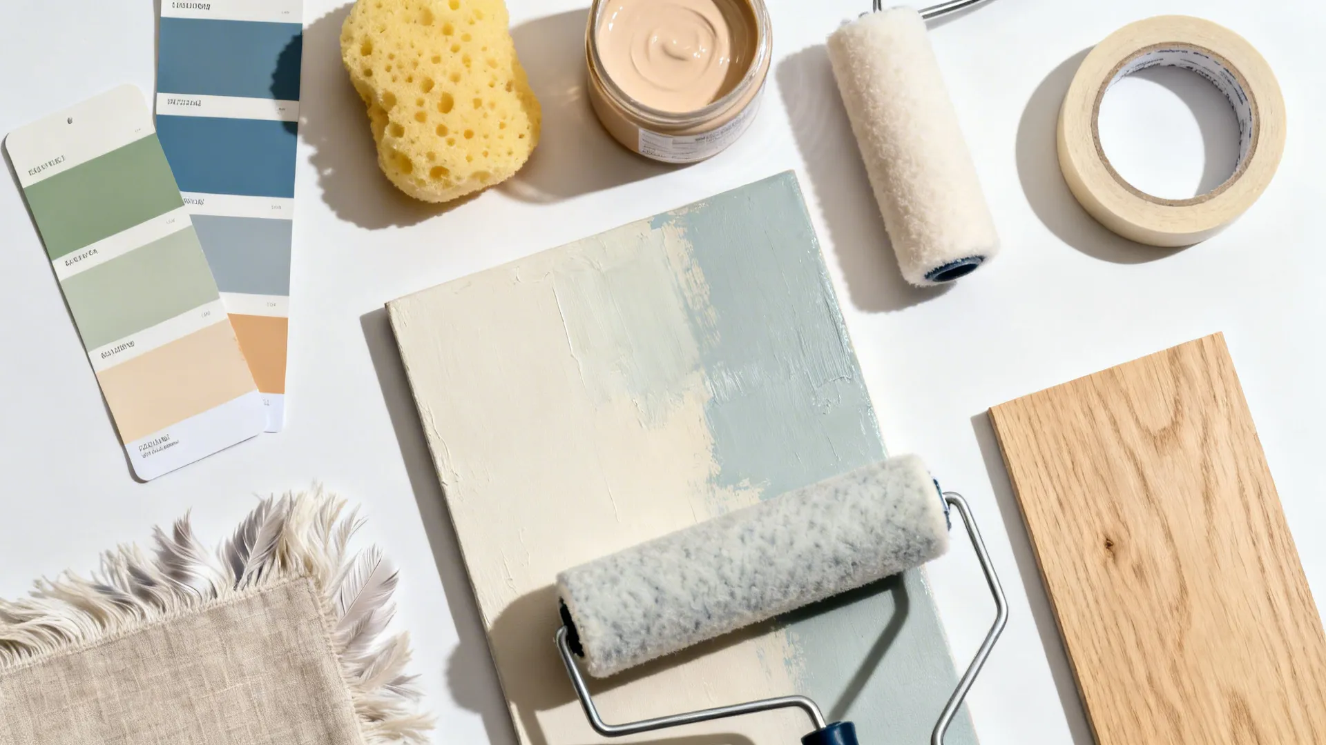 Home renovation materials layout featuring paint swatches, rollers, wood samples, and a yellow cleaning sponge