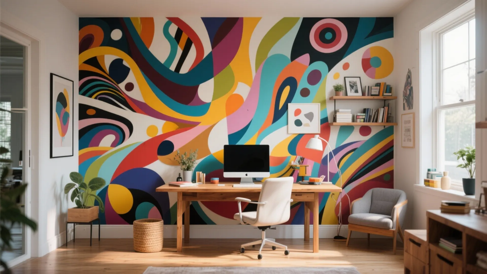 Home office workspace featuring a colorful abstract wall mural, wooden desk, white chair, and armchair