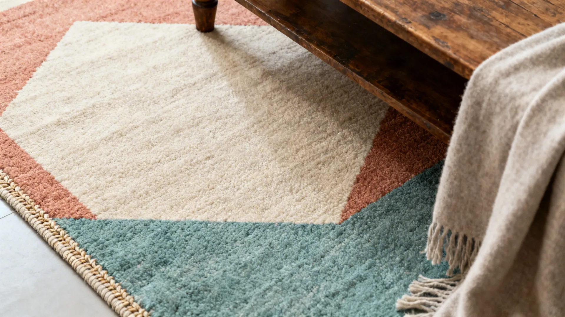 Macro view of a muted abstract geometric low-pile rug beside a teak coffee table.