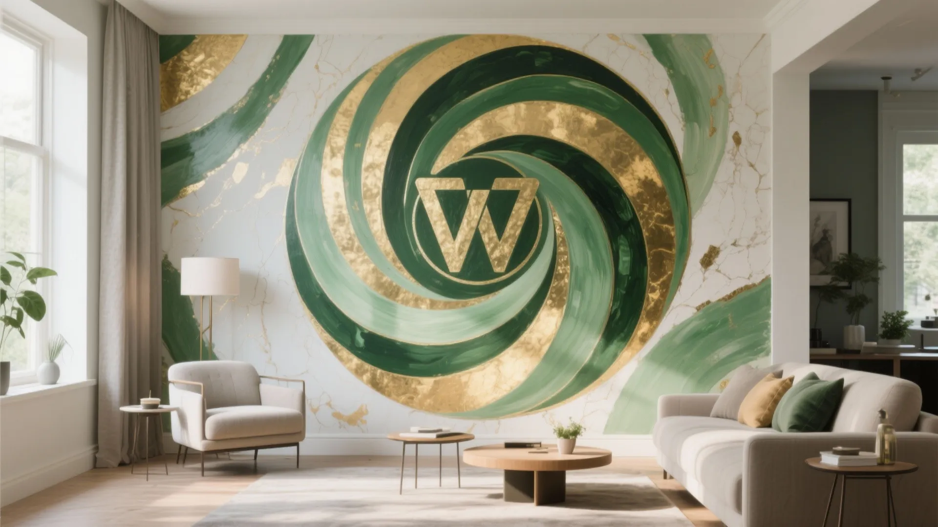 Living room with abstract green and gold mural