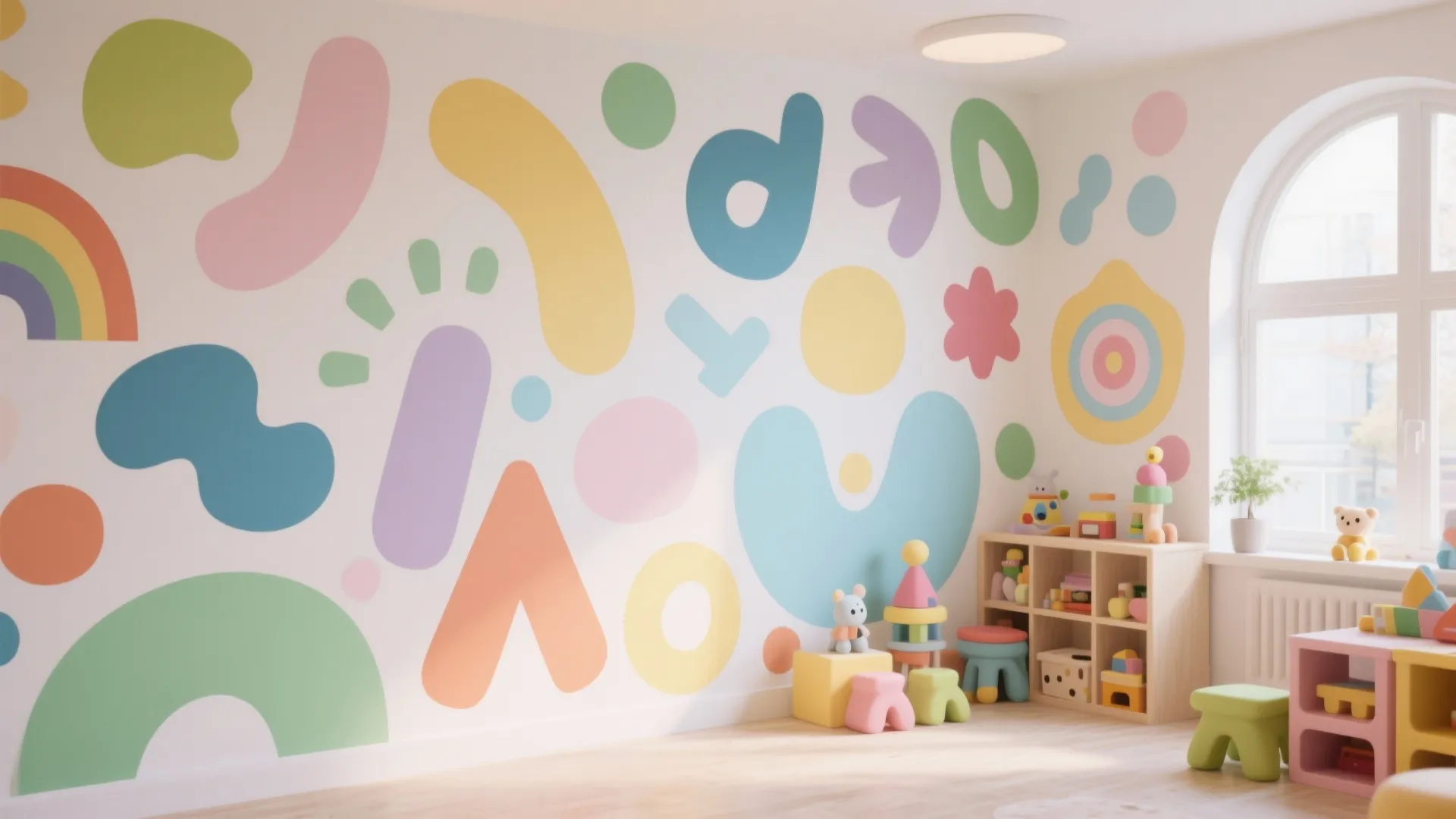 Colorful kids playroom with abstract wall shapes wooden toy shelf small stools and arched window
