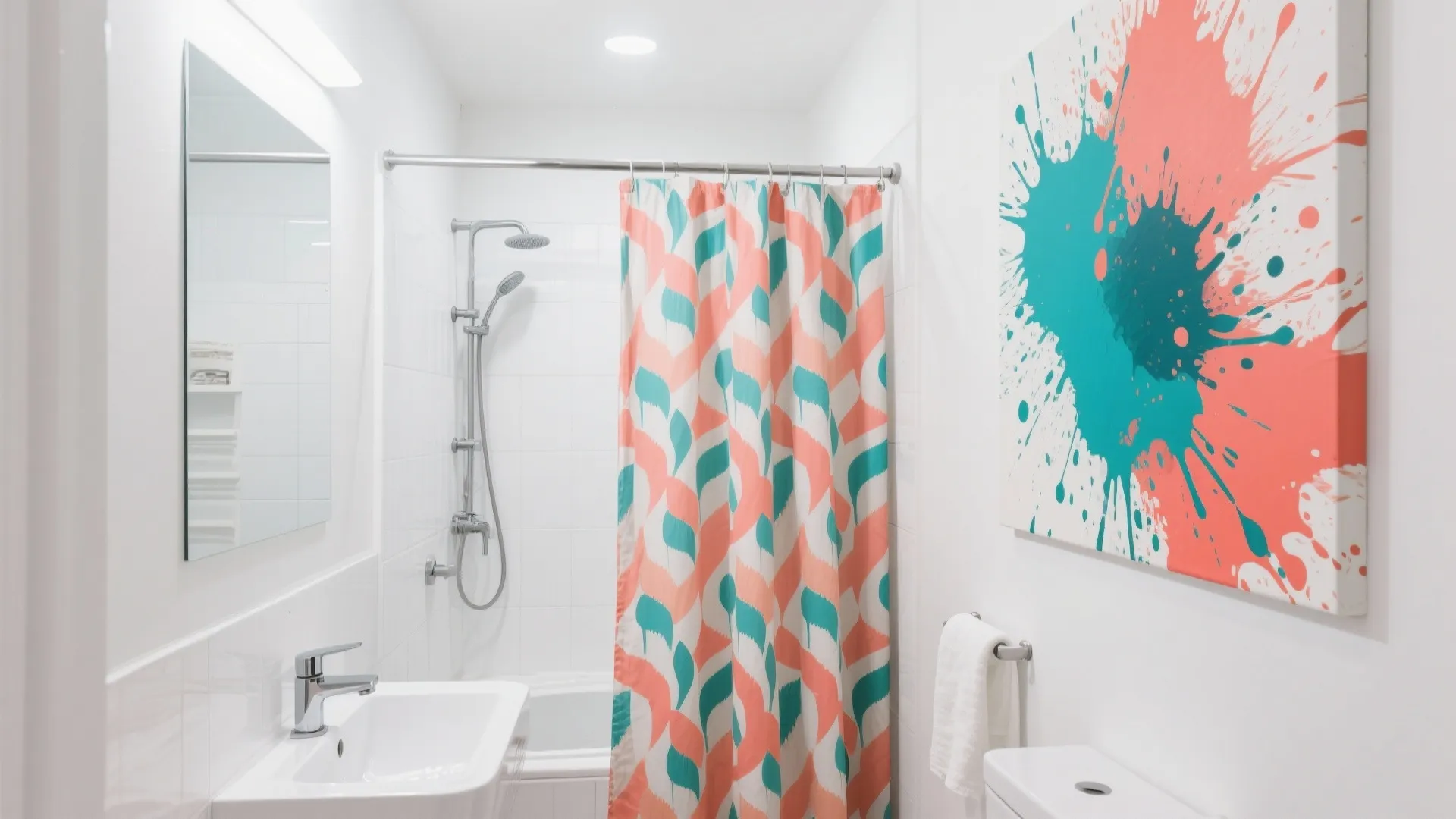 Modern white bathroom featuring colorful pattern shower curtain and abstract wall art with sink and mirror