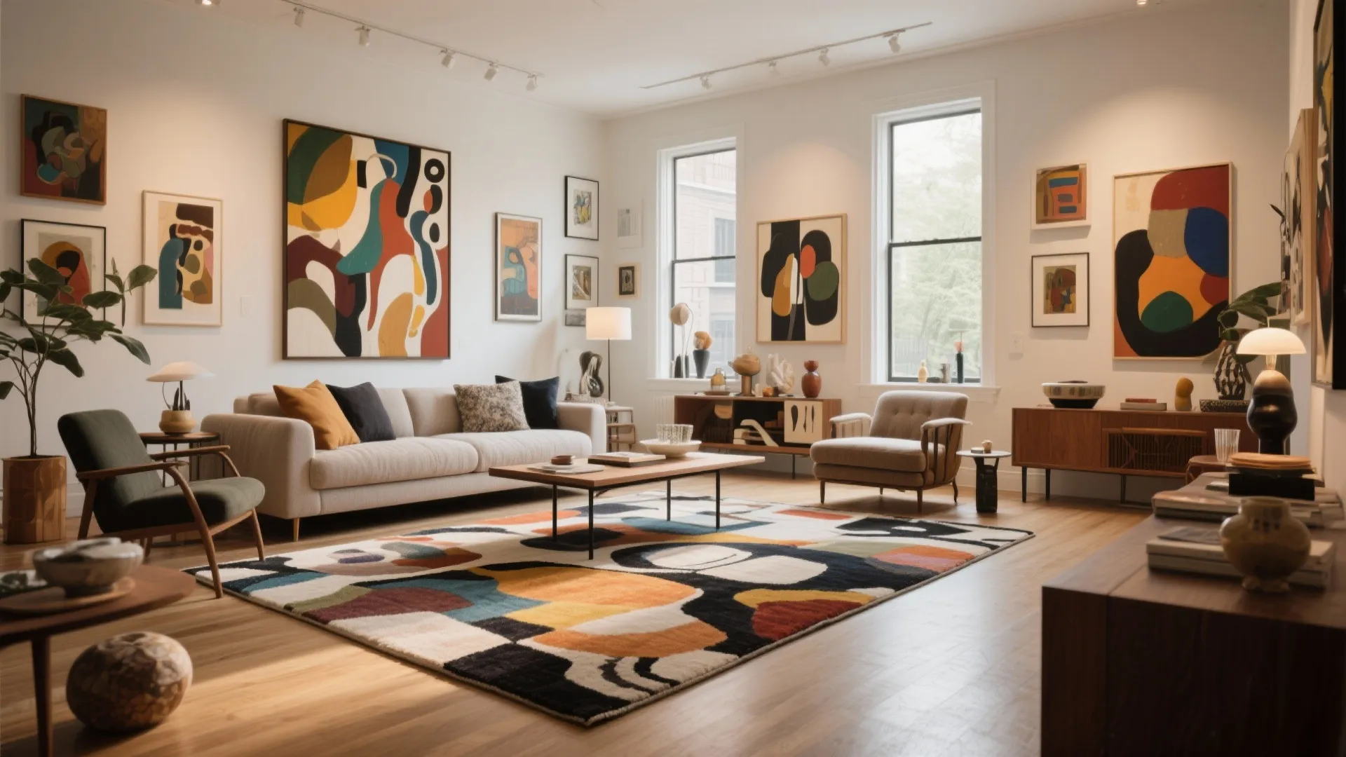 Modern living room with colorful abstract rug cream sofa wooden coffee table and wall art