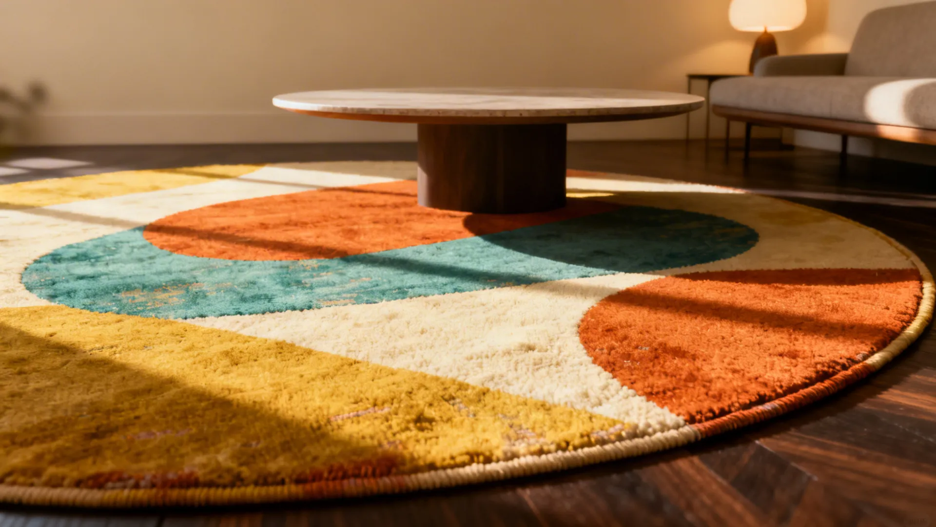 Abstract retro-inspired rug aligning its main shape with a round coffee table in a mid century room.