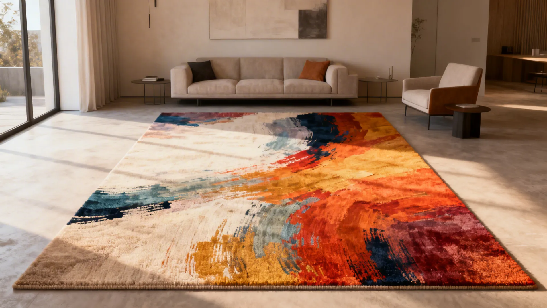 Living room anchored by a large-scale abstract rug acting as an art piece beneath minimalist furniture.