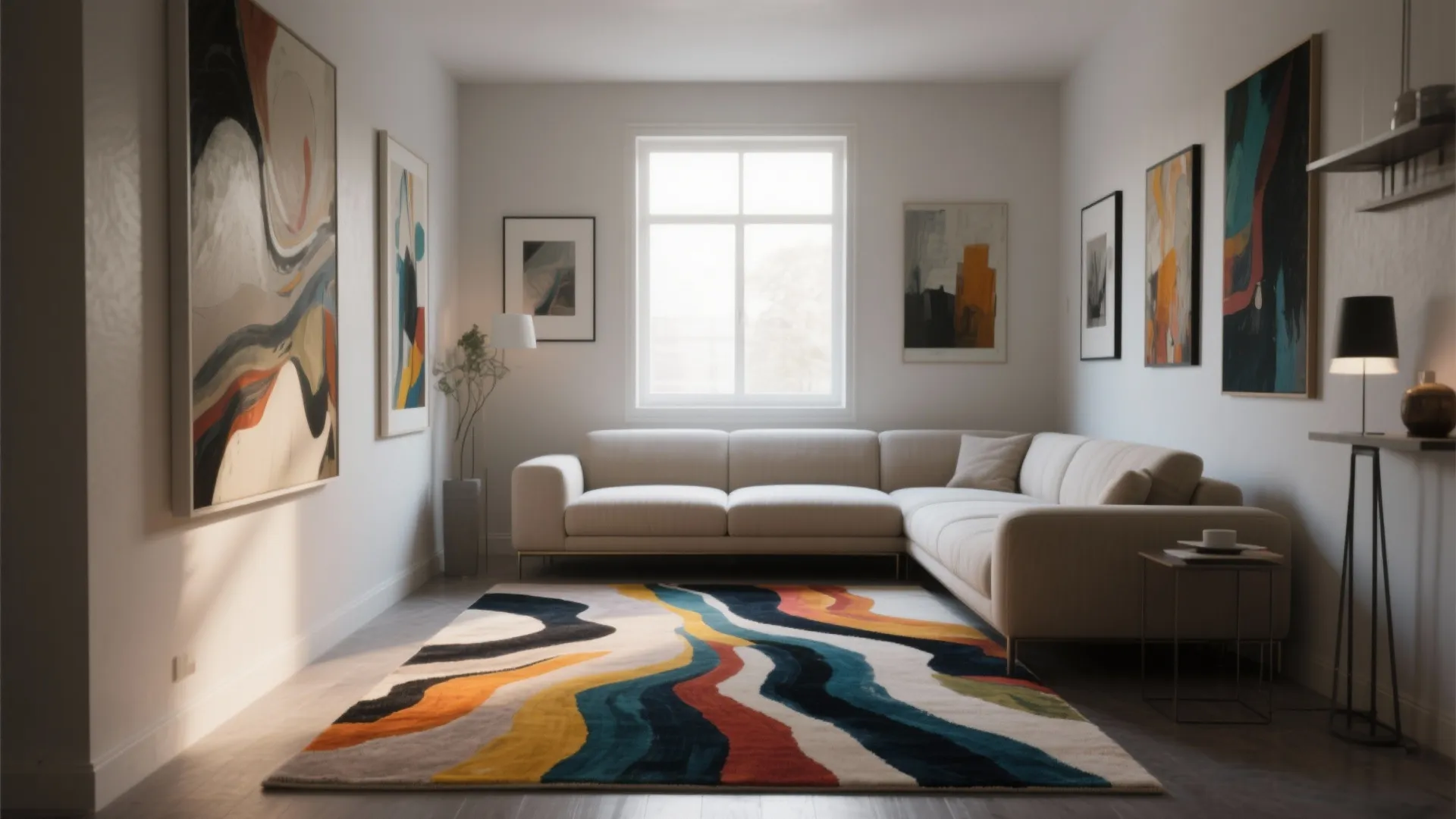 Modern living room with abstract wavy rug cream sofa wall art and a large window