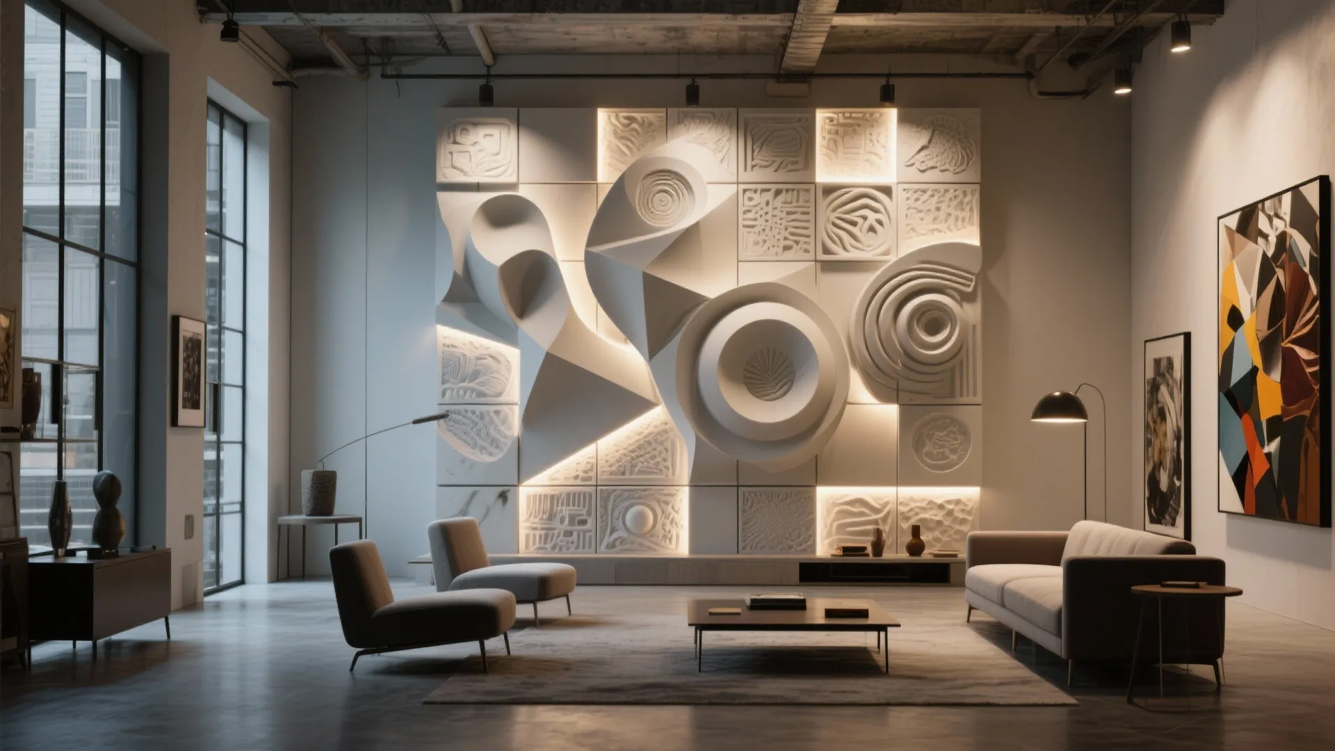 Modern living room with large white abstract wall sculpture plus sofa chairs and coffee table