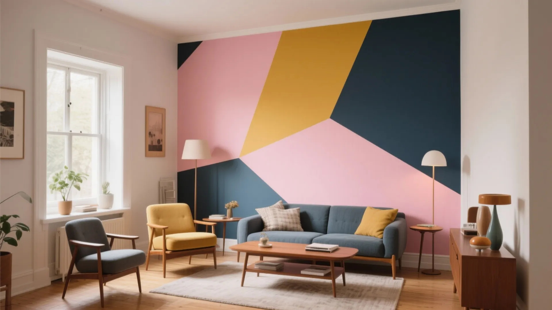 Modern living room featuring a large colorful geometric wall mural with blue sofa and yellow armchair