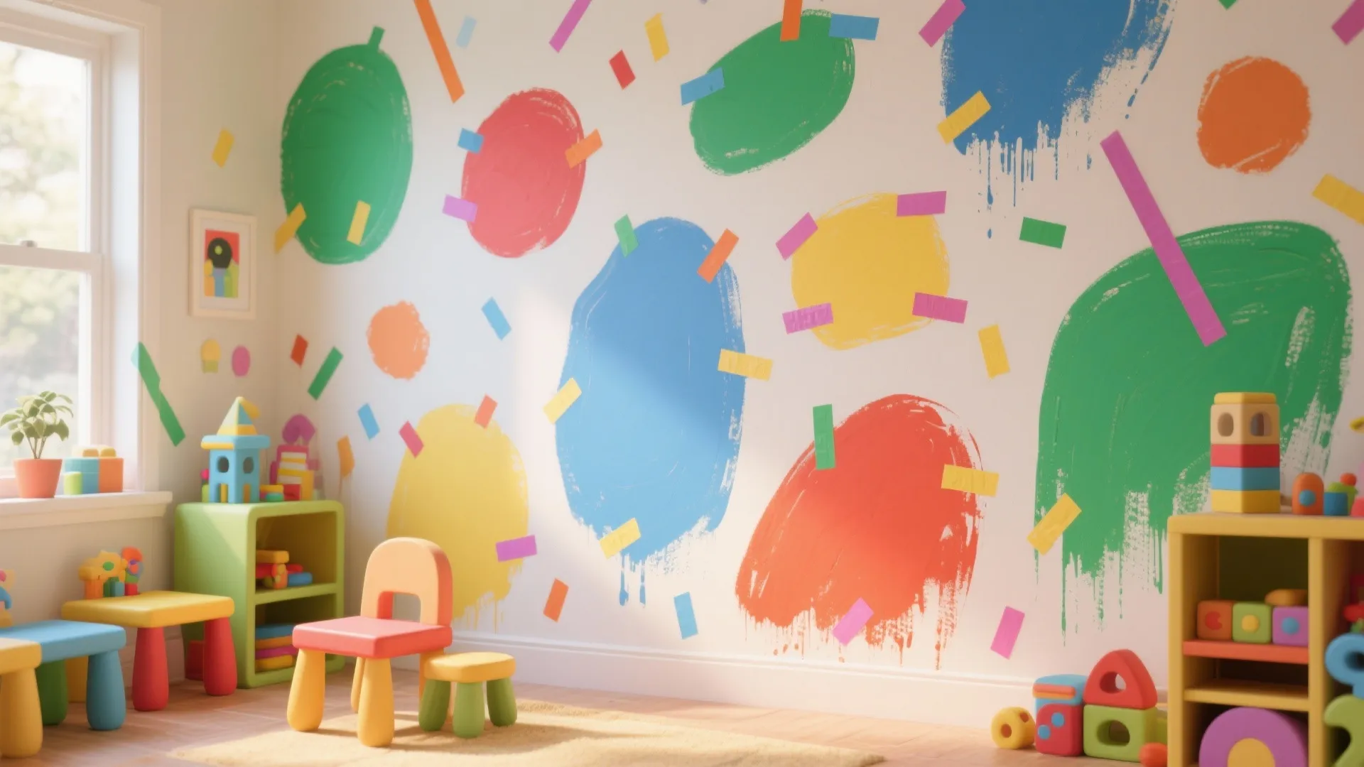 Colorful playroom for children featuring bright wall paint circles and small plastic chairs with toy shelves