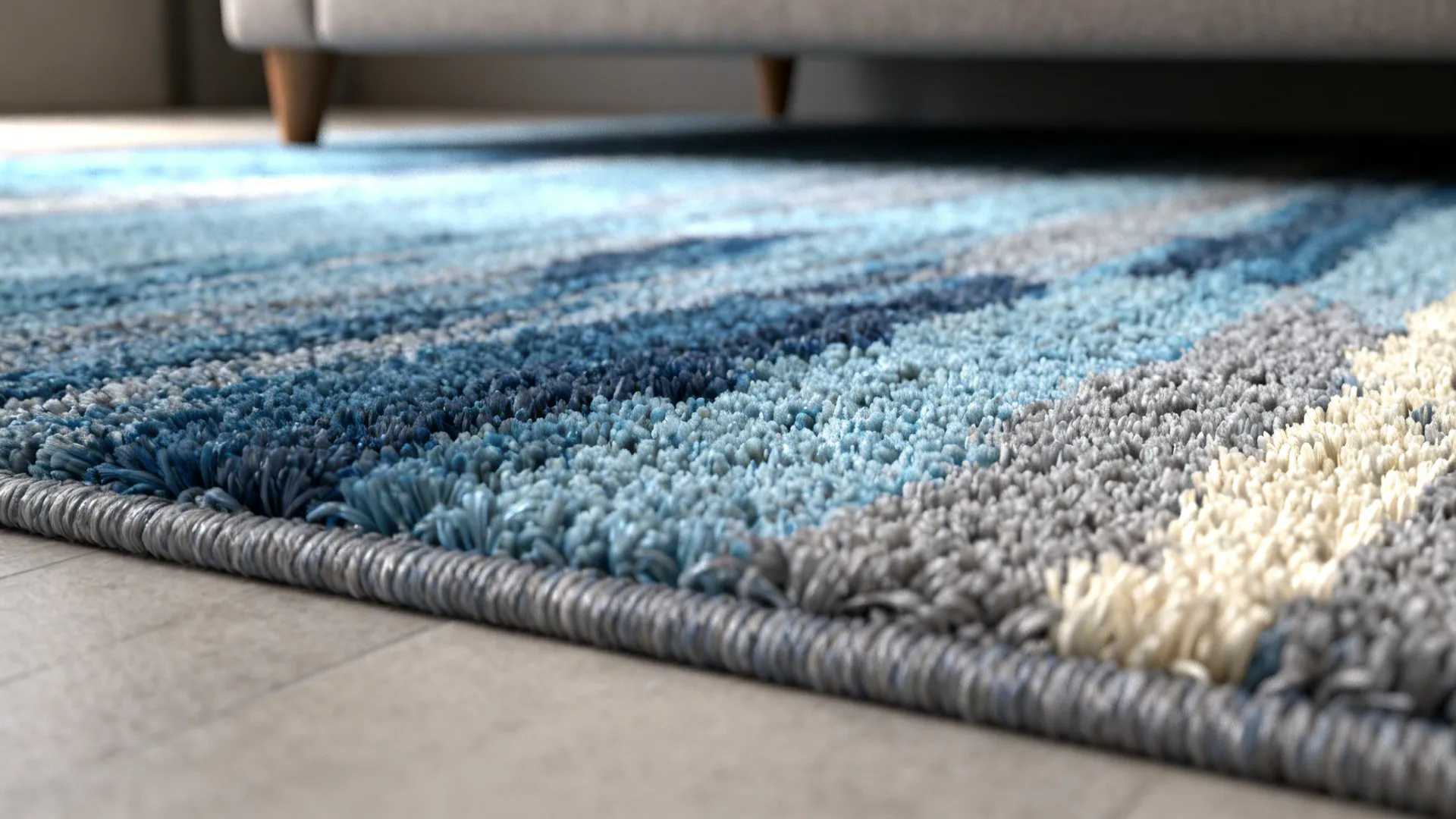 Close-up of a blue and grey abstract rug showing its textured weave and pile.