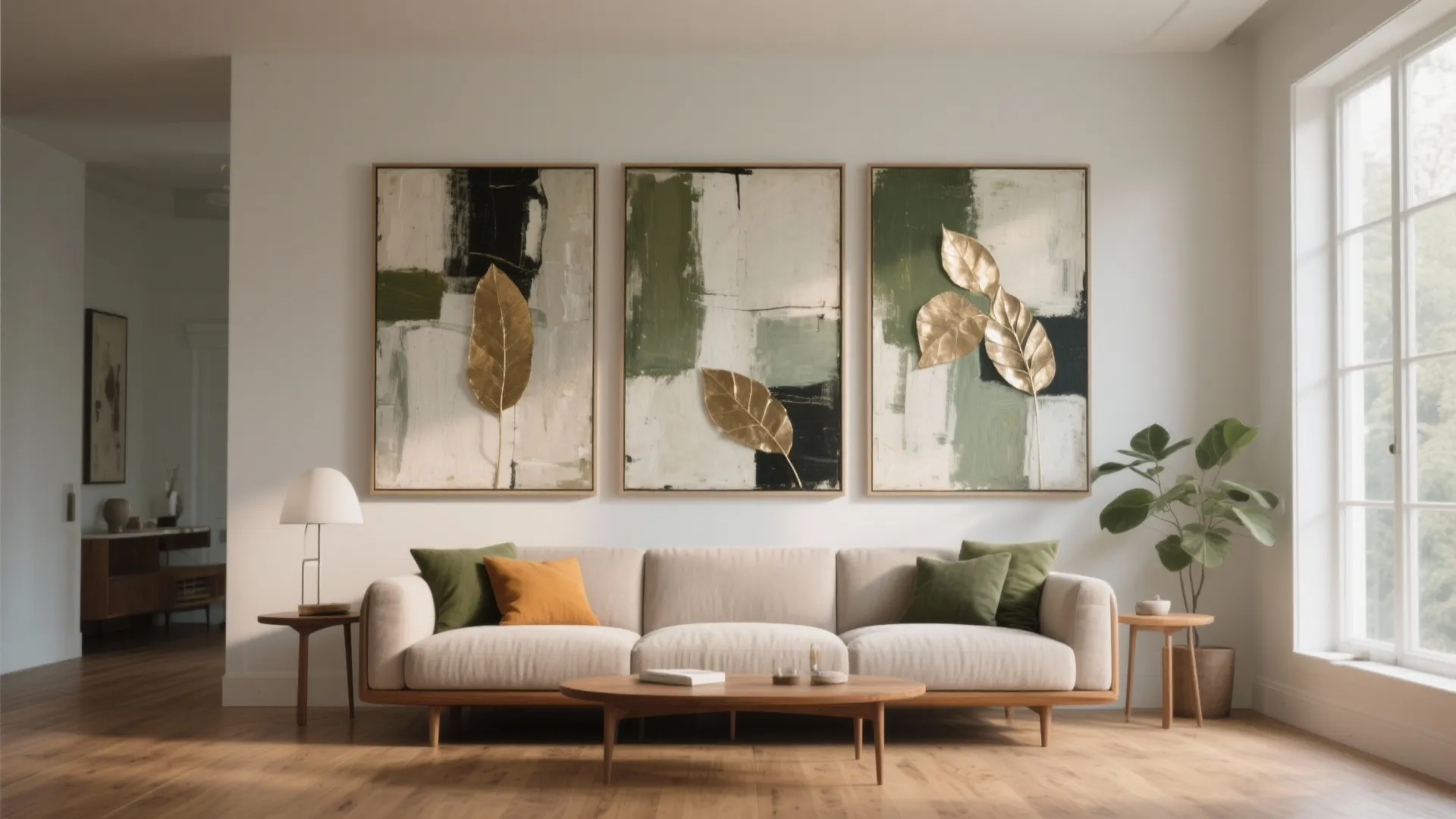Modern living room with beige sofa three leaf paintings wood floor and bright natural light