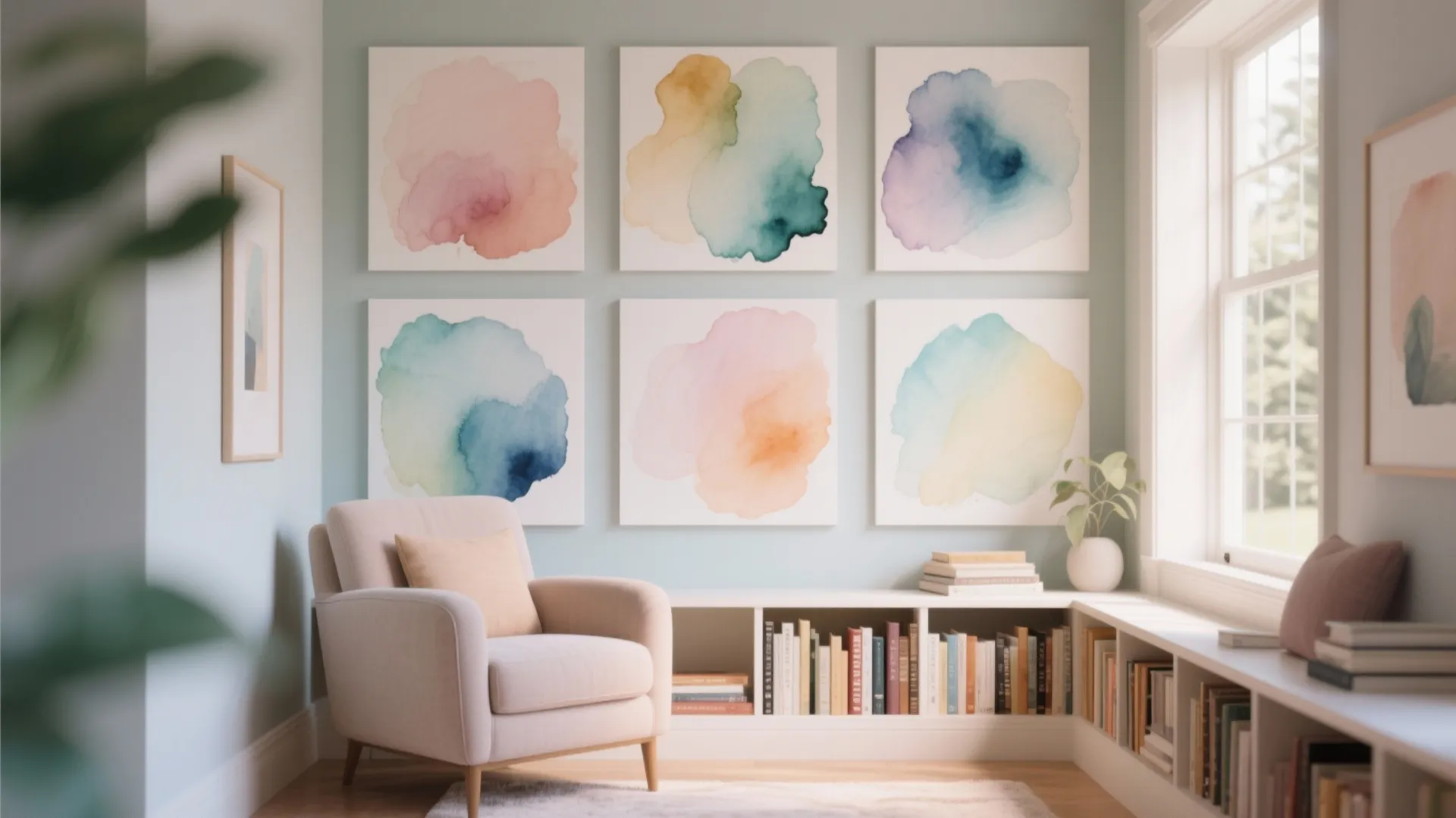 Grid of abstract watercolor panels in cozy reading nook