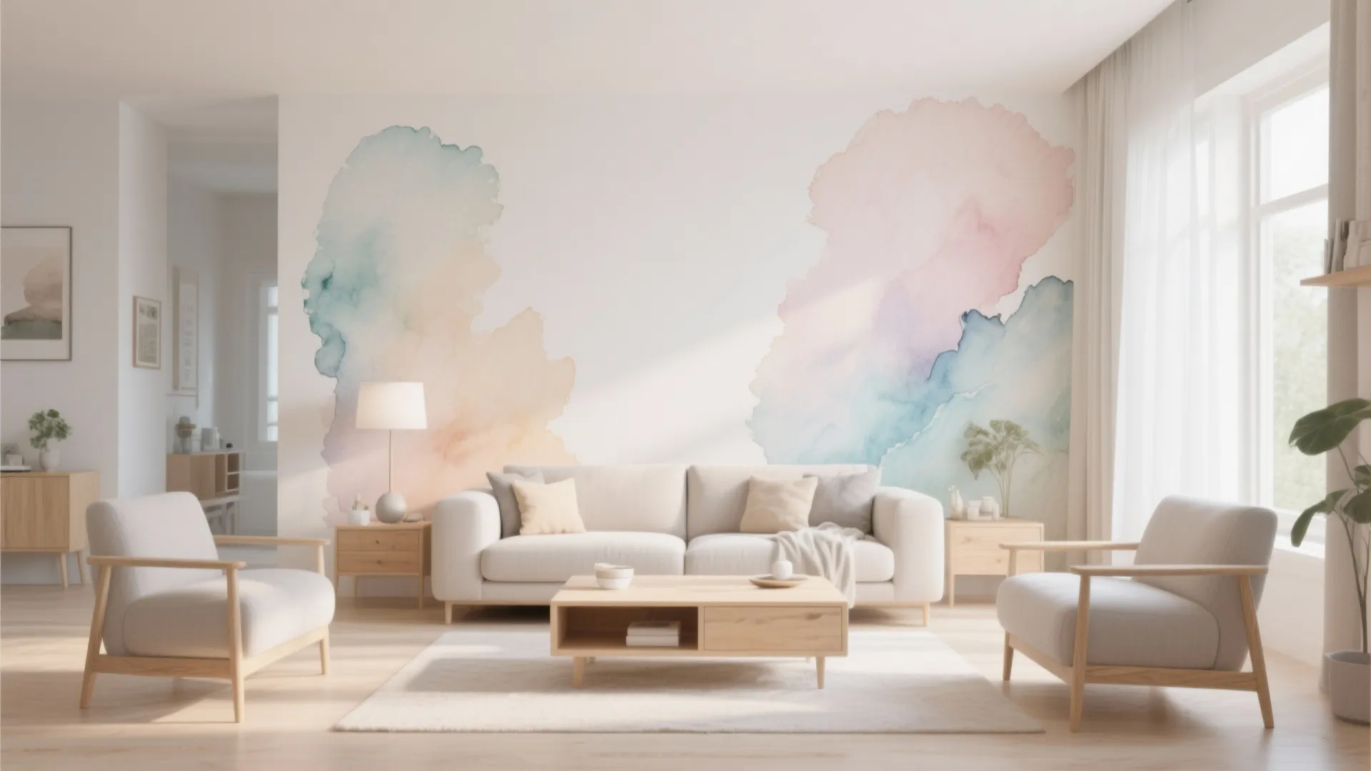 Living room with pastel watercolor wall mural