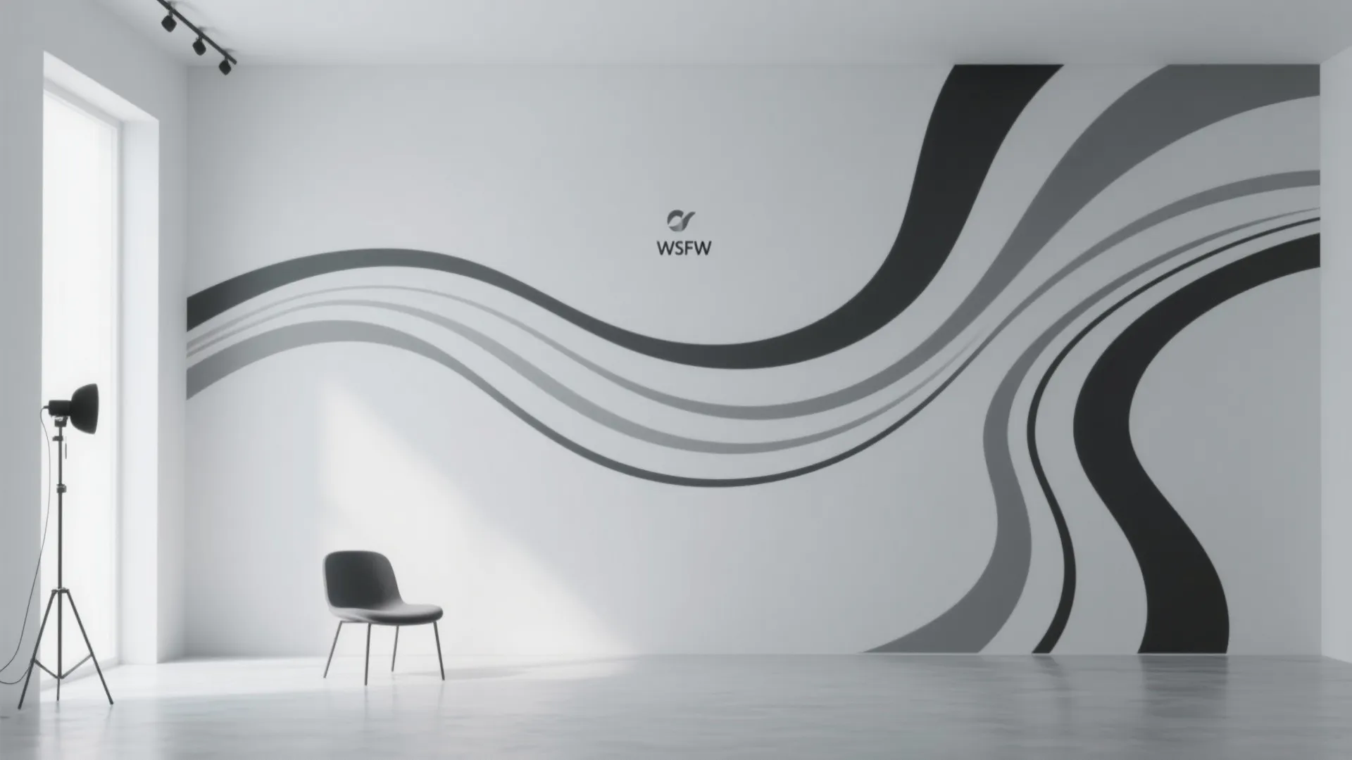 Modern white room featuring abstract black wavy wall art with a grey chair and light